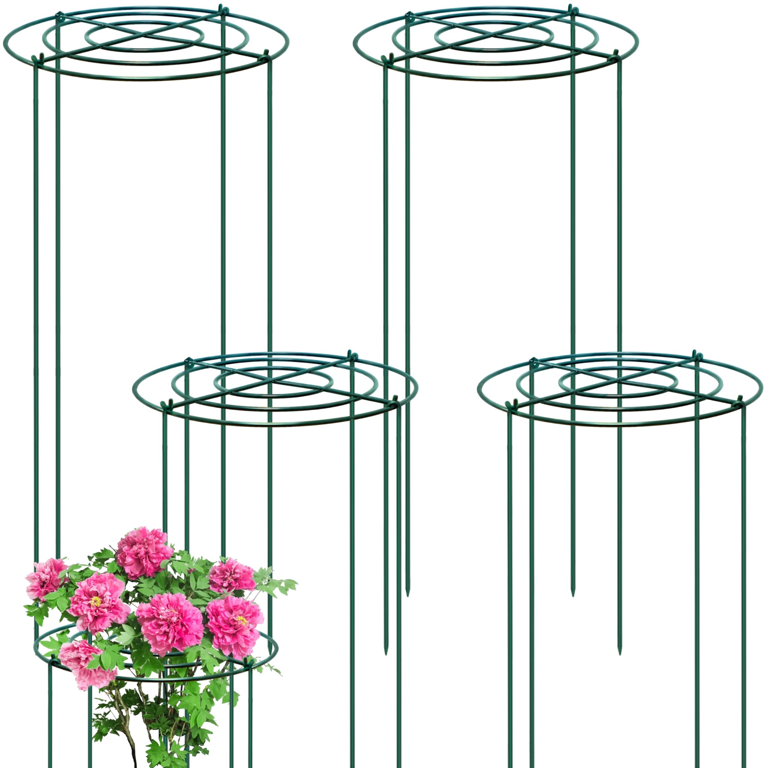 LYFETC 4PCS Round plant supports,35x80cm peony support frame with Crossed concentric frame,green metal supports for garden with removable 4 legs,Supports Heavy Flowers Dahlia,Peony,rose,hydrangeas