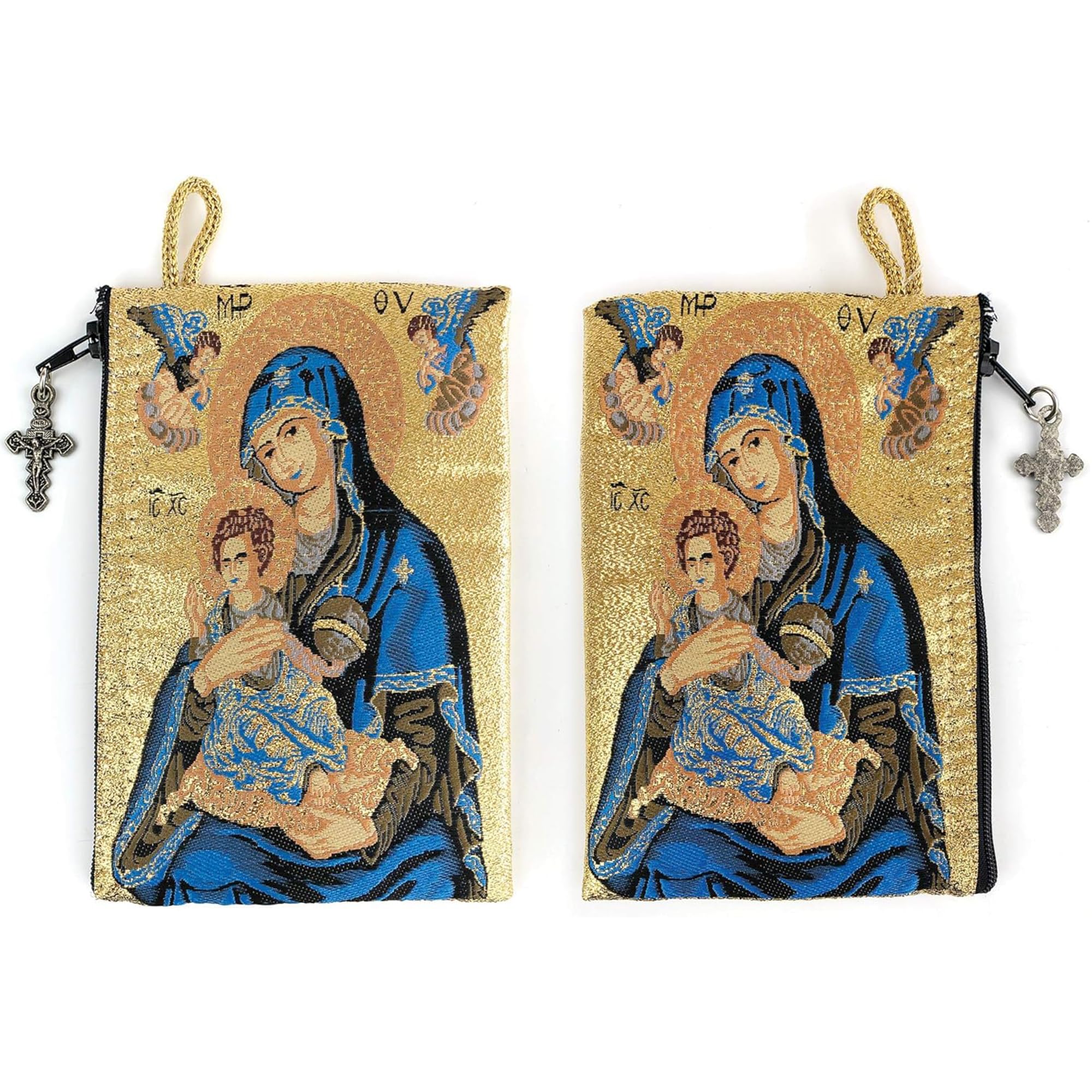 Catholic Rosary Pouch, Saint Joseph and Baby Jesus & Madonna and Child, 4" x 6" Jewelry & Coin Purse with Cross, Small Woven Tapestry Icon Bag, Bolsa