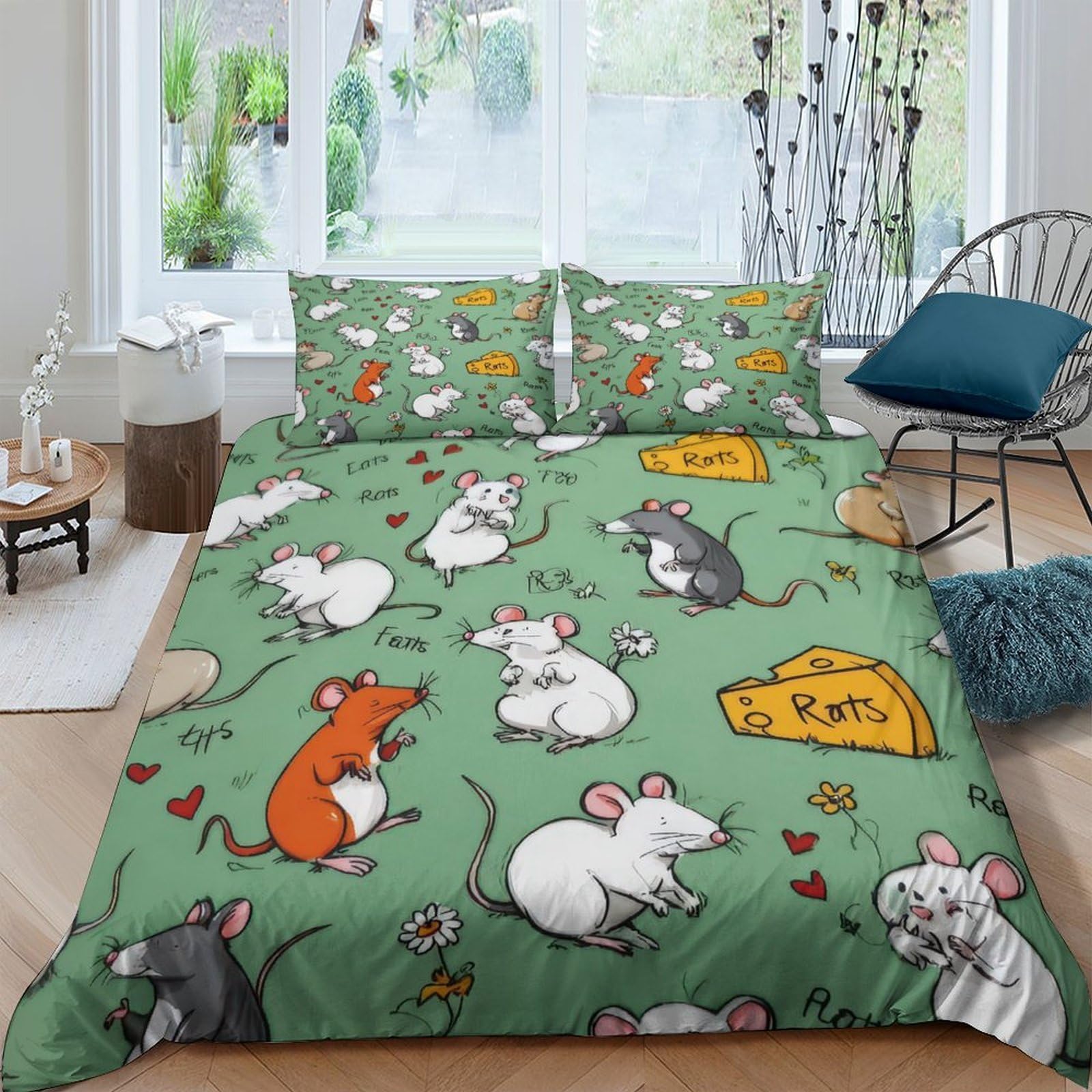 Ctjqhvkz Style-1 3D Printed Cartoon Rat Fitted Sheet Microfiber Anti-Slip Mouse Cheese Mattress Cover For Bedroom Dorm Decorative Bedding Single（135X200cm）