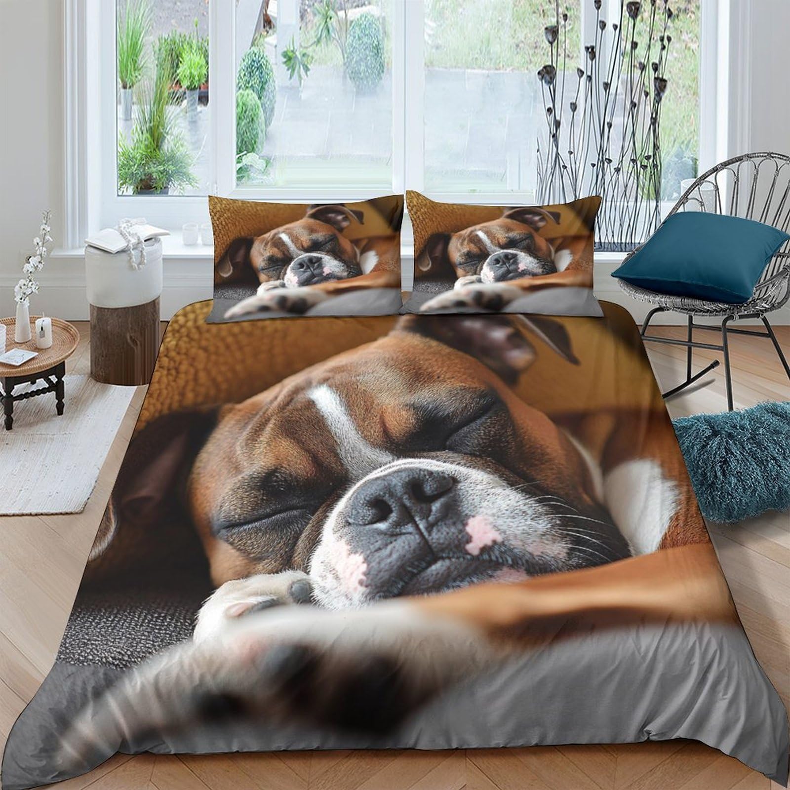 GPLZQXKJNH 3D Printed Sleeping Dog Duvet Cover Microfiber Soft Breathable Puppy Quilt Cover with 2 Pillowcases for Bedroom Home Single（135x200cm）