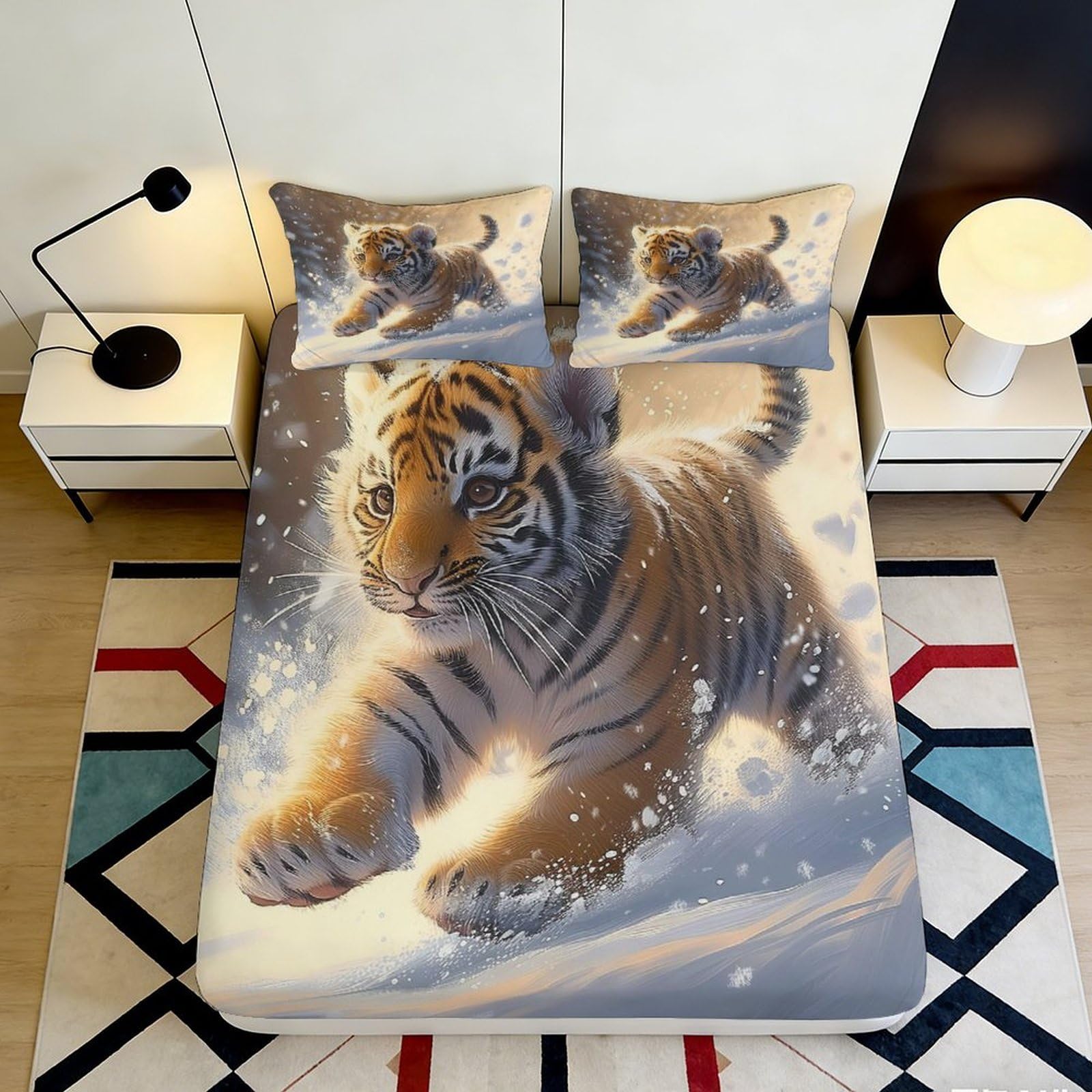 3D Printed Tiger Cub Fitted Sheet Microfiber Anti-Slip Snow Jungle Mattress Cover for Bedroom Dorm Decorative 90x200x25cm