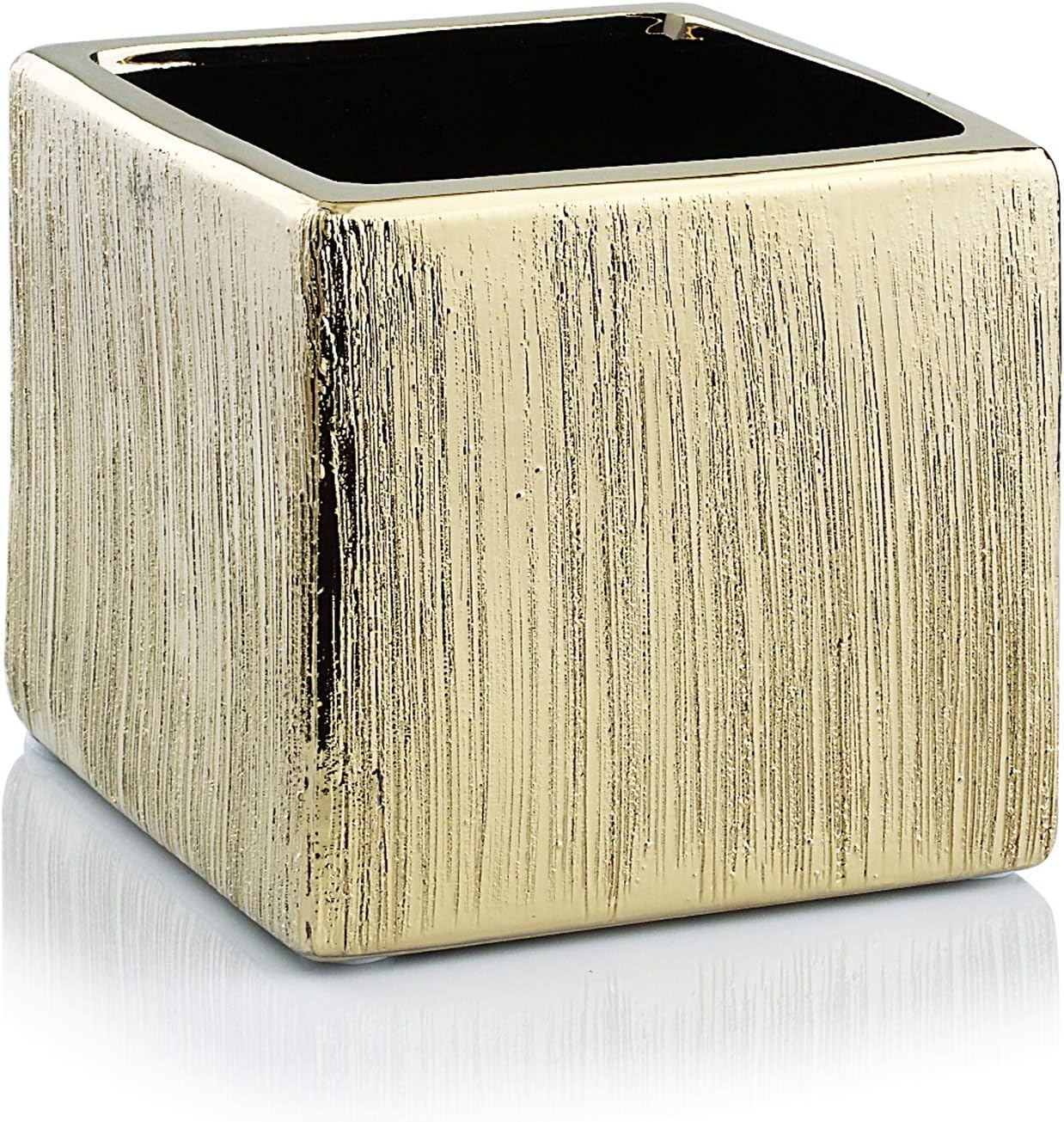 WGVI WGV Ceramic Cube Vase Width 5.5" Height 5" (Fits 5" Pot) Elegant Modern Block Square Floral Planter Terrarium Container Table Dresser for Event Accent Home Office Decor Gold Textured 1 Piece