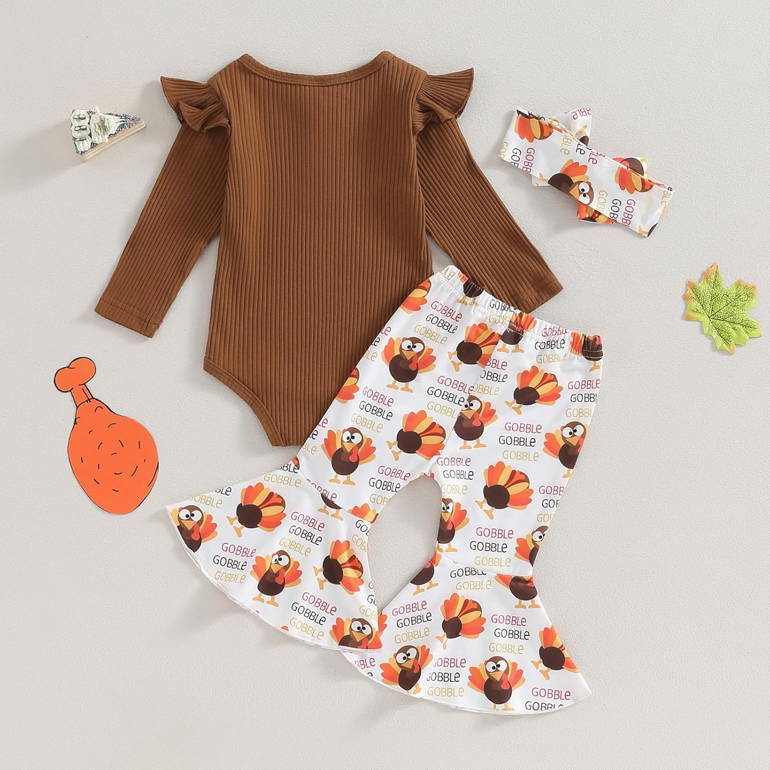 Kuriozud Newborn Baby Girl Bell Bottom Outfit Ruffle Romper Cute Bow Flare Pants Set Headband Cute Clothes - Image 3