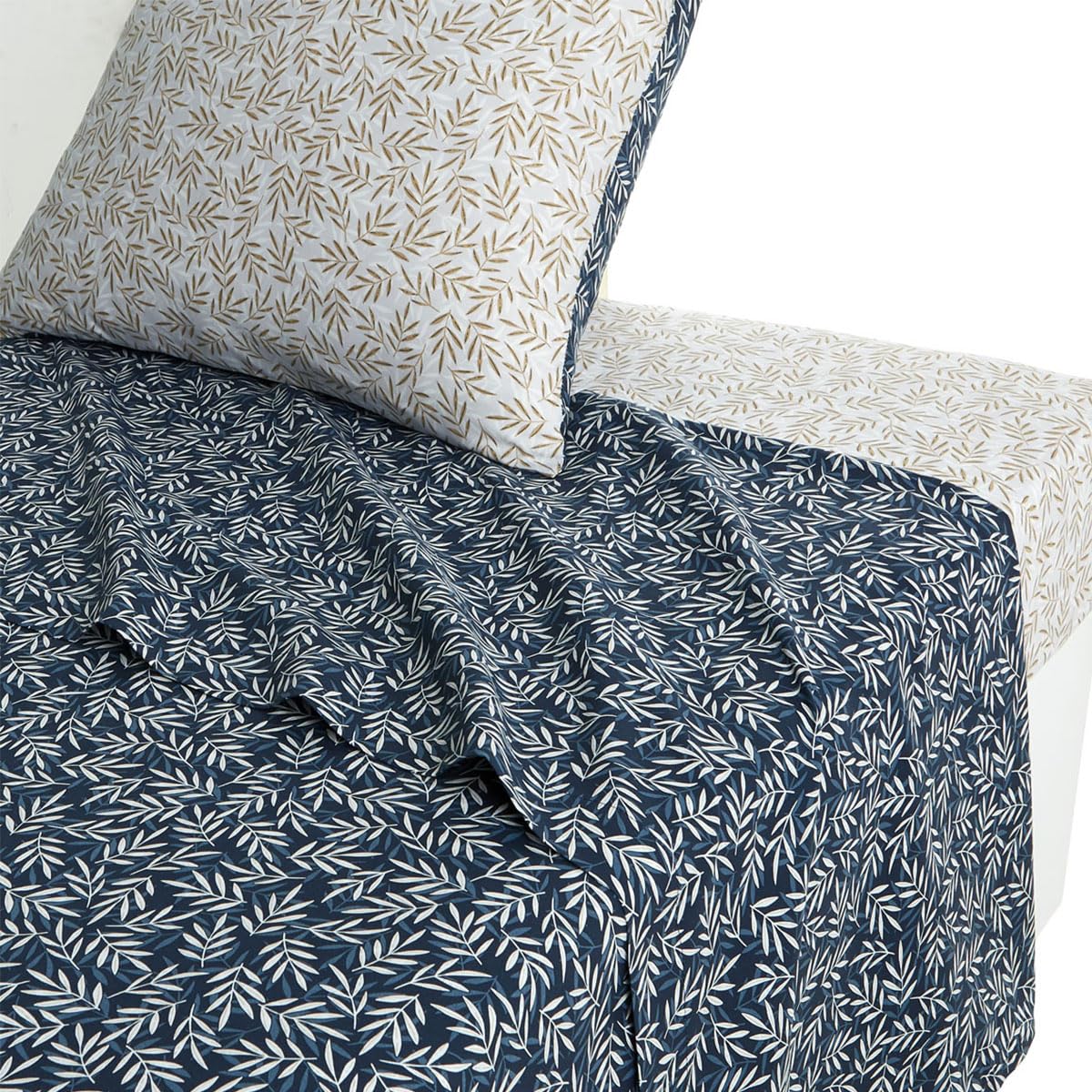 Drap Plat Imprimé Lyocell Margot 240x300 Cm - Réversible Beige/Bleu - Doux Et Facile D'Entretien