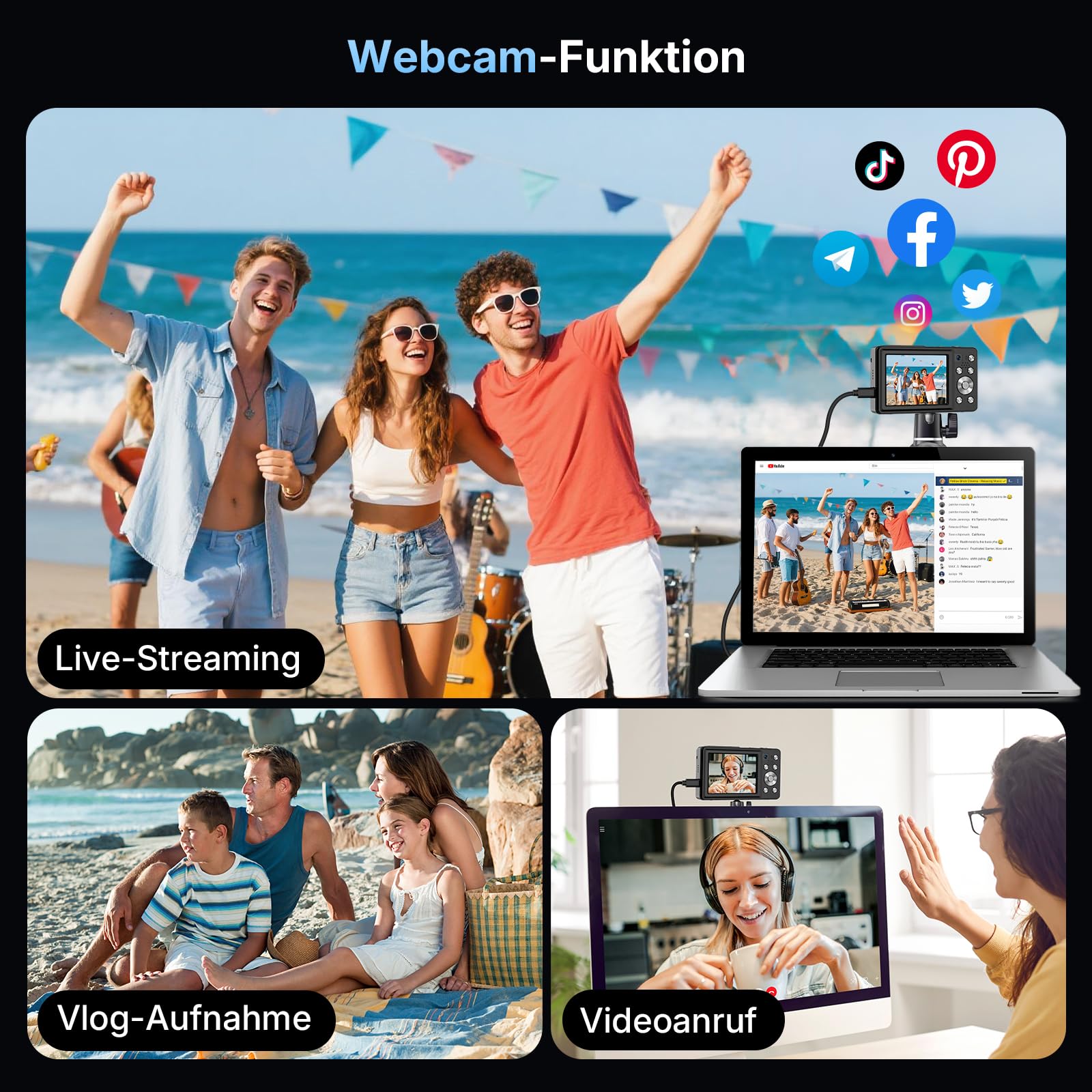 Digitalkamera Kamera Fotokamera 4K 64MP mit Autofokus, Dual-Objektiv, 2,8-Zoll Bildschirm, 16X Digitalzoom, Zwei Akkus, 32GB Karte für Jugendliche, Anfänger, Kinder