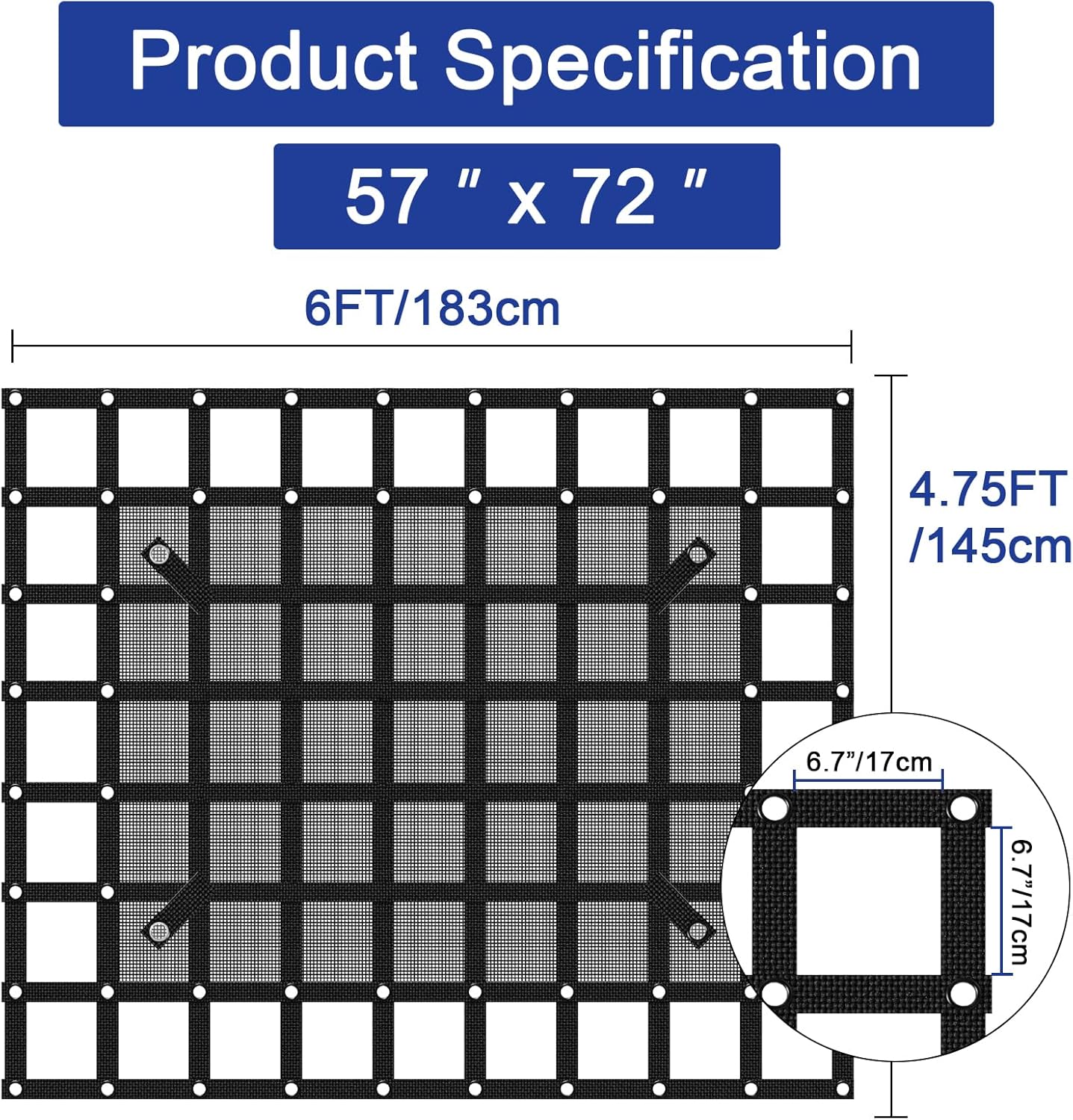 57” x 72“ Heavy Duty Cargo Net with Mesh, Truck Bed Net with J Hooks Accessories, 1500lbs Load Bearing Capacity, Truck Bed Cargo Net Organizer for Pickup Trucks (4.75' x 6') - Image 2