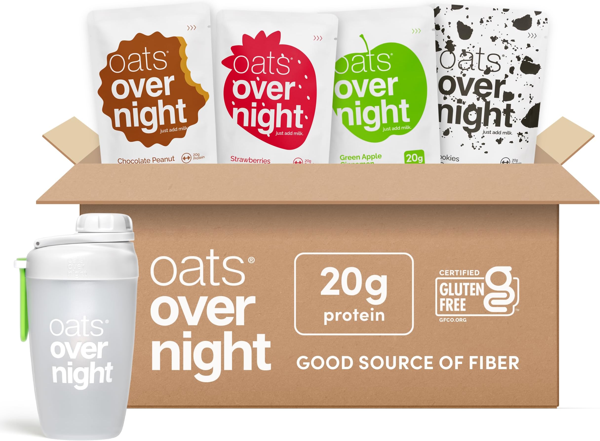 Oats Overnight Classic Variety Pack - High Protein, High Fiber Breakfast Protein Shake - Gluten Free Oatmeal, Non GMO Oatmeal - Green Apple Cinnamon, Cookies & Cream & More (8 Pack + Shaker Bottle)