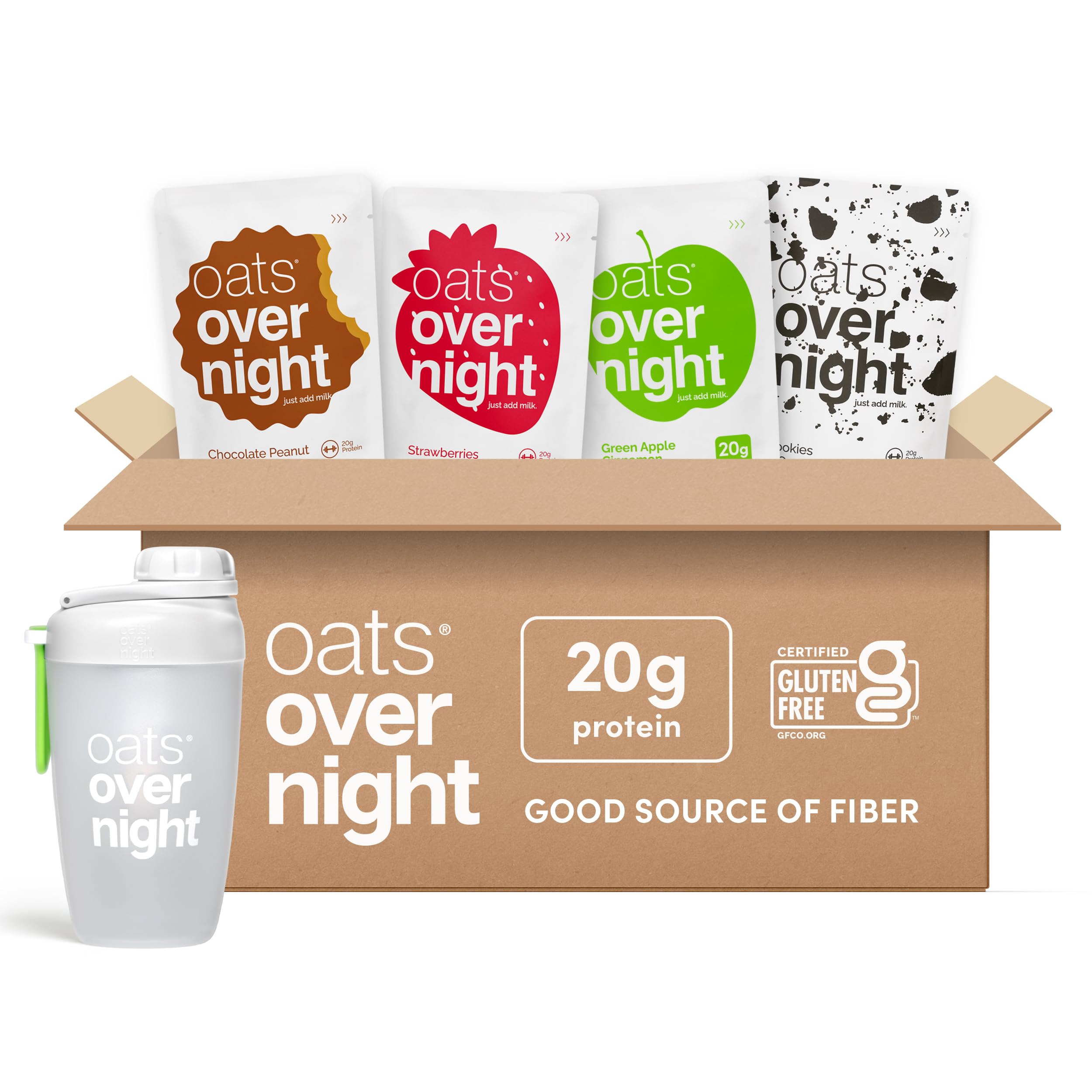 Oats Overnight Classic Variety Pack - High Protein, High Fiber Breakfast Protein Shake - Gluten Free Oatmeal, Non GMO Oatmeal - Green Apple Cinnamon, Cookies & Cream & More (8 Pack + Shaker Bottle)