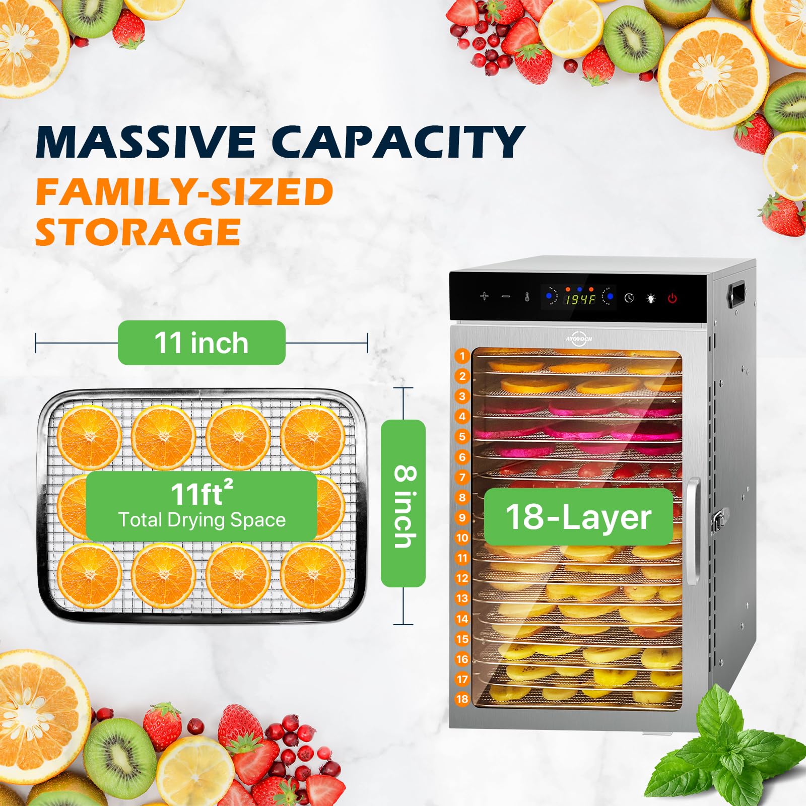 Máquina deshidratadora comercial de alimentos con 18 bandejas, control de temperatura de 86-194 ℉, deshidratador de secado rápido de 800 W, bajo nivel de ruido 4