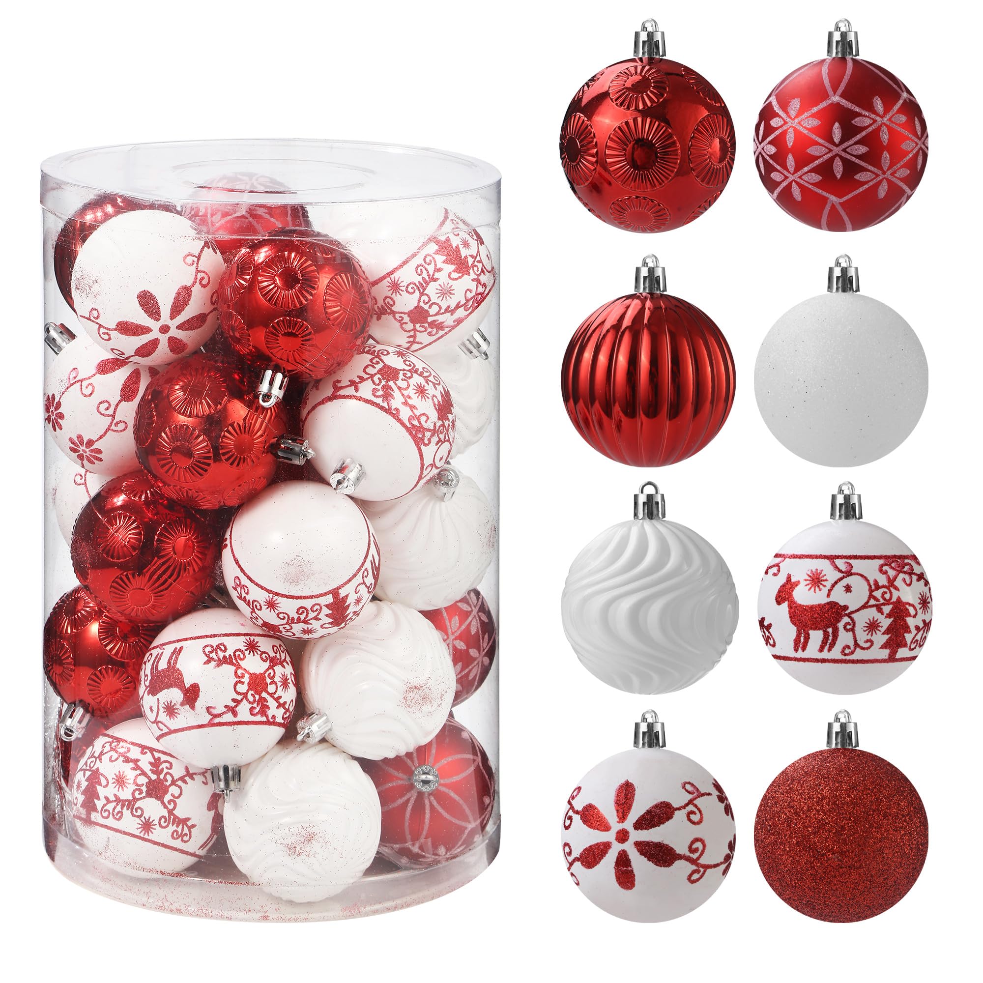Bolas de Navidad, 34 Piezas Decoracion Arbol Navidad,Ara Decoración de Arbol de Navidad, Juego para Vacaciones, Bodas, Decoración (Rojo Y Blanco)