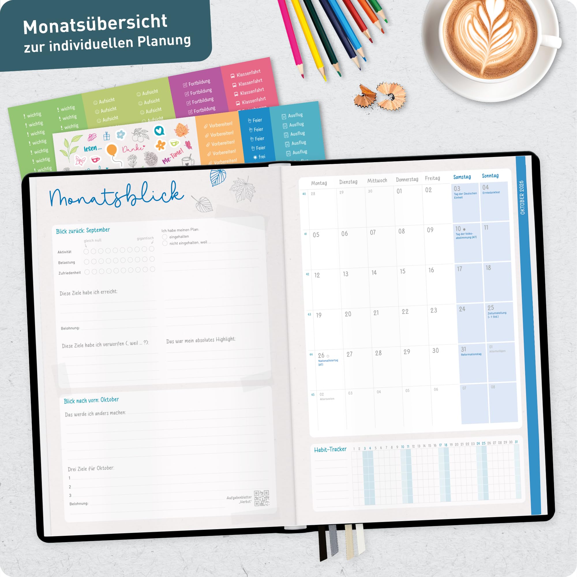 Häfft® Lehrerplaner Grundschule 2026/2027 im A4+ Format Hardcover - Schuljahr 12 Monate (Aug 26 - Jul 27) Lehrerkalender & Unterrichtsplaner für Klasse 1–4 "Black Edition"