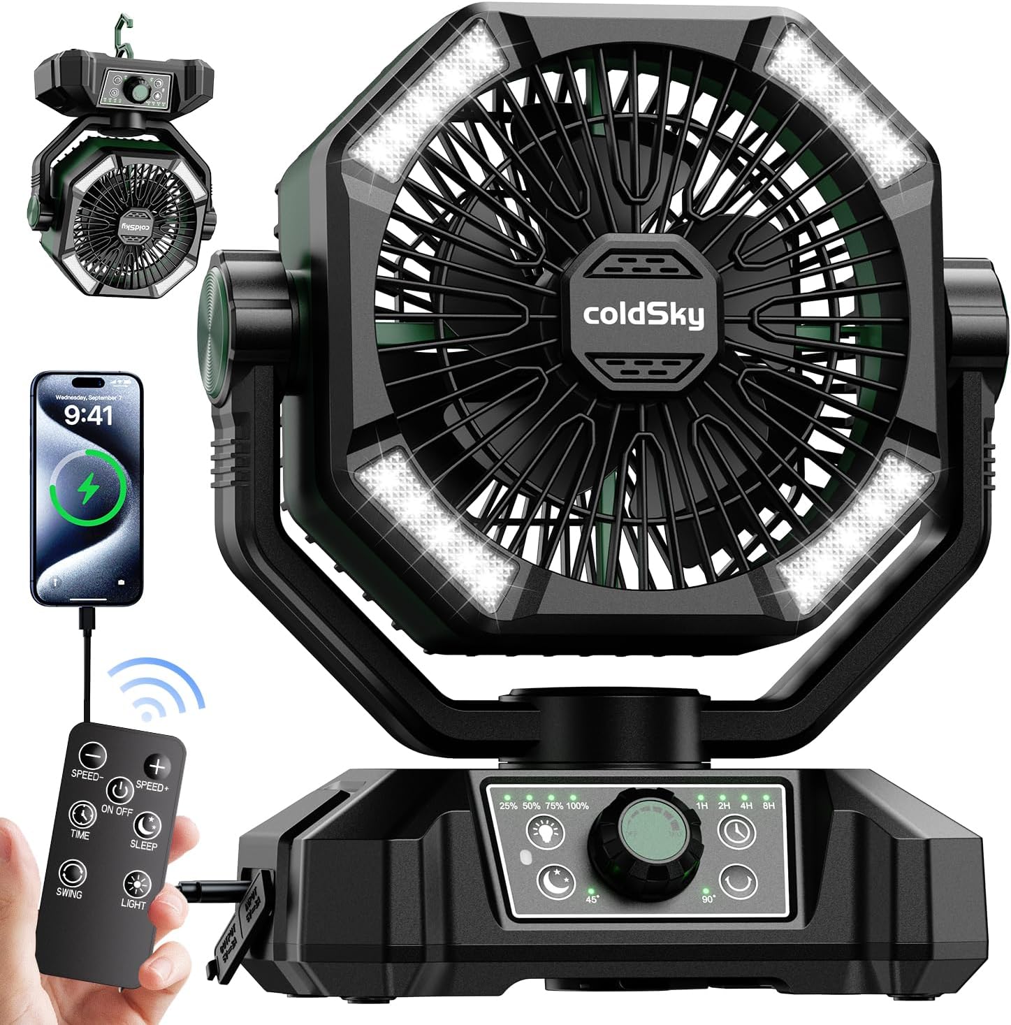 coldSky 20000mAh Camping Fan with Dual Motor, Battery Operated Fan with 4 LED Lantern, 8 Speeds Desk Fan with Remote, Portable Outdoor Fan with Hook for Tent, Power Outages, Jobsite (Green)