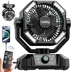 coldSky 20000mAh Camping Fan with Dual Motor, Battery Operated Fan with 4 LED Lantern, 8 Speeds Desk Fan with Remote, Portable Outdoor Fan with Hook for Tent, Power Outages, Jobsite (Green)