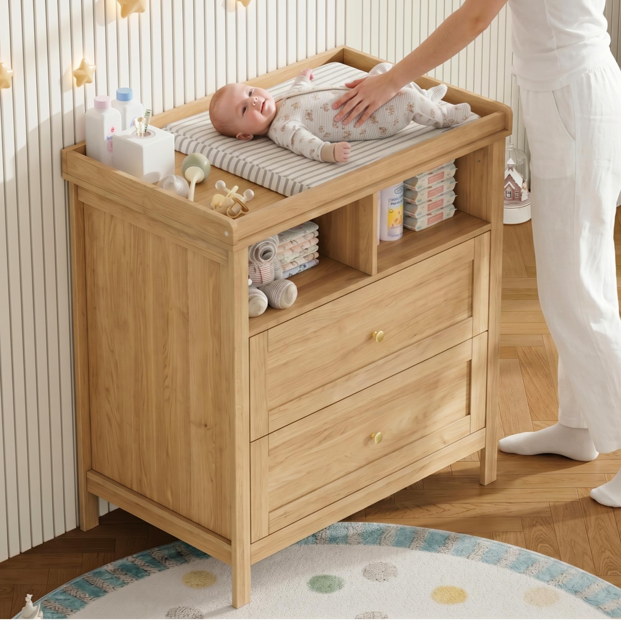 Merax Fasciatoio con fasciatoio multifunzione, fasciatoio per bambini con fasciatoio rimovibile, cassettiera con cassetti e spazio portaoggetti, fasciatoio convertibile, effetto legno, 82 x 50 x 90 cm