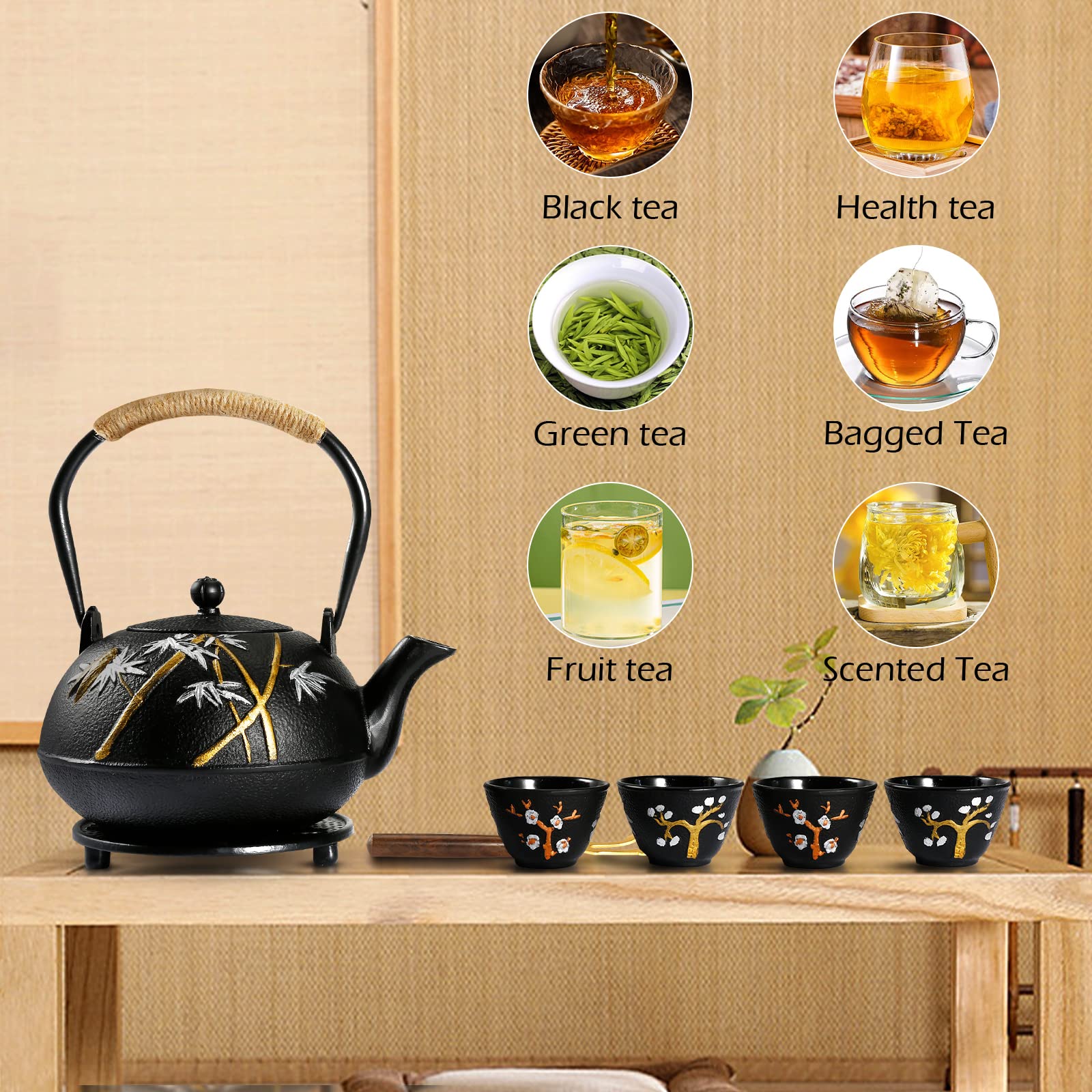 Dyna-Living Tetera de hierro fundido con infusor de 1200 ml / 45 onzas japonesas con 4 tazas de té