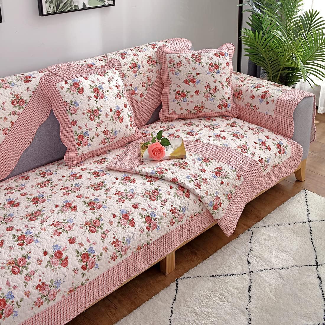 vctops Farmhouse Country Floral Couch Sofa Covers Flower Pattern Cotton Quilted Sectional Couch Cover Non Slip Soft Comfy Sofa Slipcovers Furniture Protector (Pink Floral,43"x43")