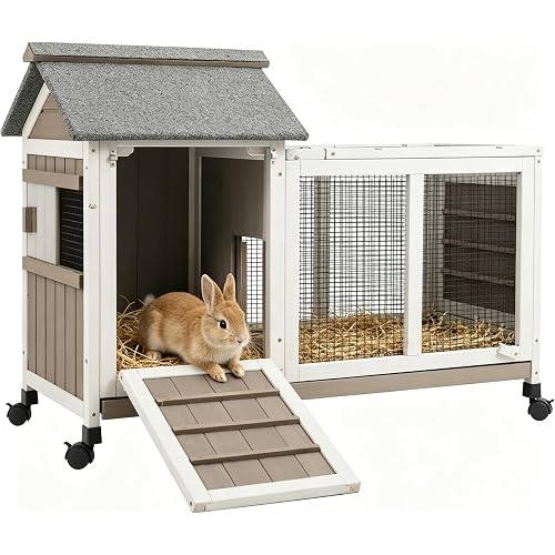Gowoodhut Outdoor Rabbit Hutch 2-Story Indoor Bunny Cage with Run Cage for 1-2 Small Pets with Pull Out Tray,Small Animal Cage for Rabbits Guinea Pigs