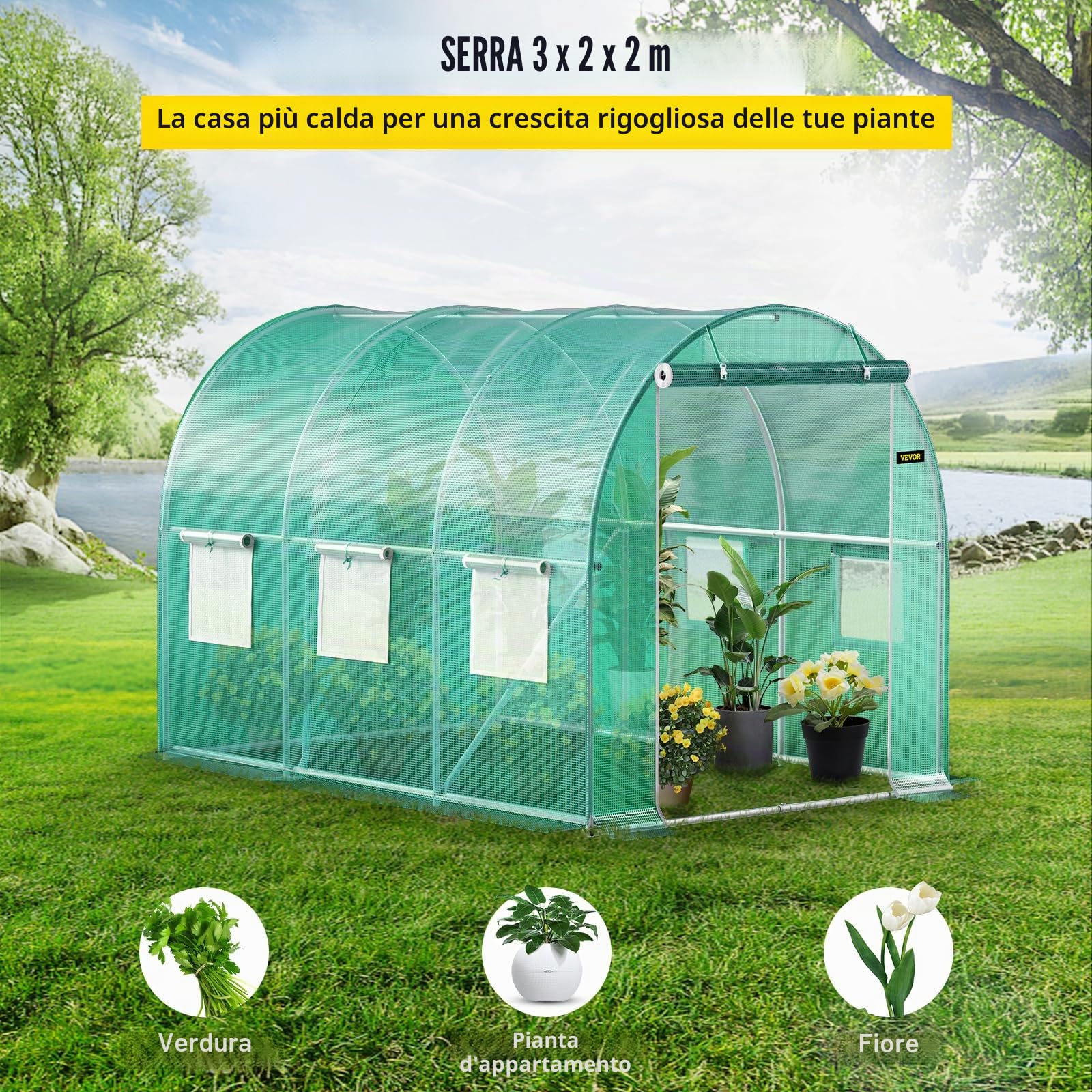 VEVOR Serra da Giardino per Piante a Tunnel Impermeabile con 6 Finestre e Porte 3 x 2,1 x 2,1m, Serra a Tunnel da Esterno Impermeabile in Acciaio Zincato Copertura PE 12,8 kg,Serra a Tunnel Verde,1077