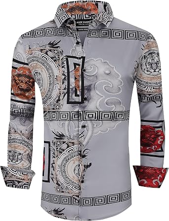 Alex Vando Mens Digital Printing Dress Shirts Iron-Free Regular Fit Party Button Down Shirt