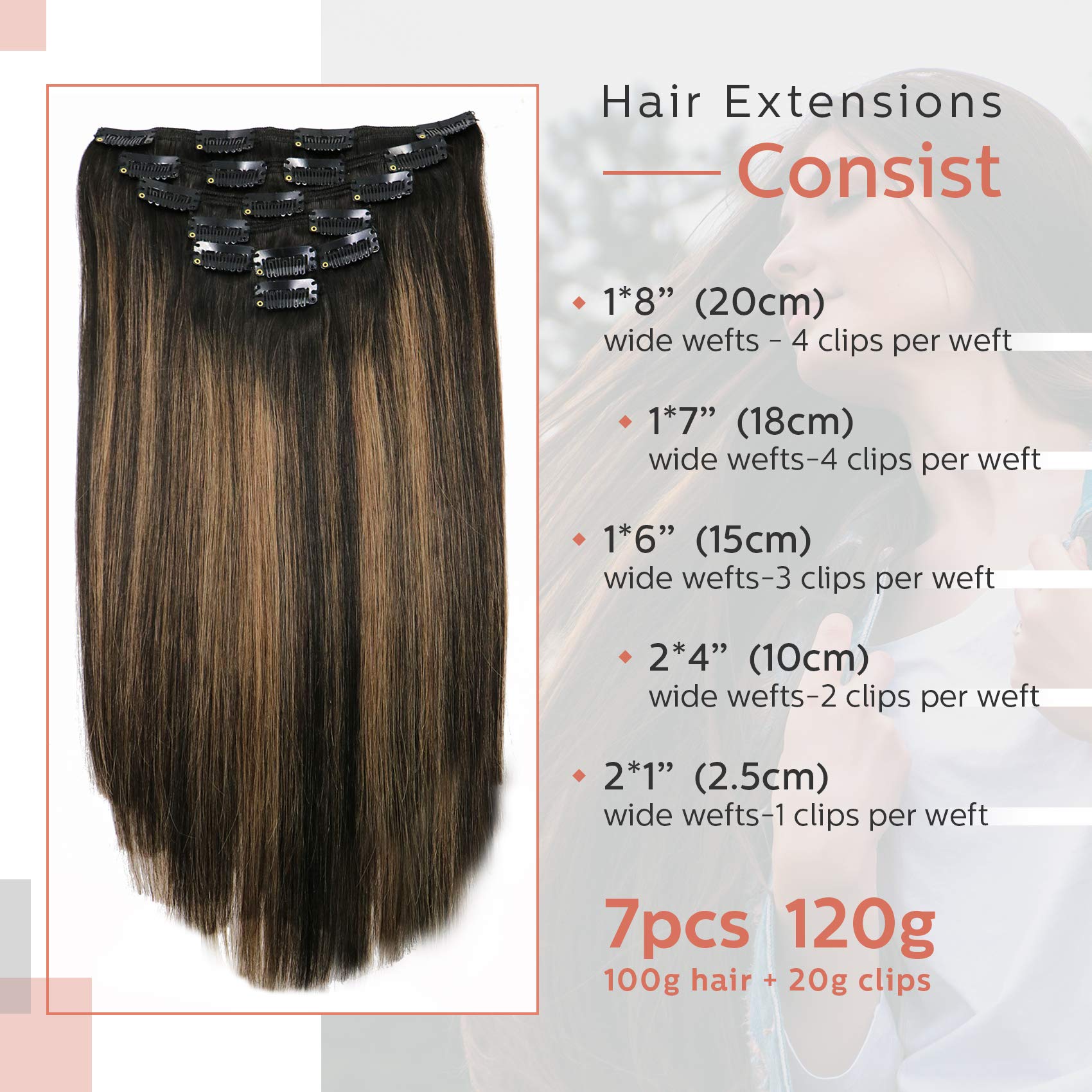 Amazon.com: VARIO Hair Clip In Human Hair Extensions Thicken 9A Brazilian  Hair 120g 7pcs Natural Black to Chestnut Brown Highlight Black Full Head  Silky Straight 100% Human Hair Clip In Extensions 18