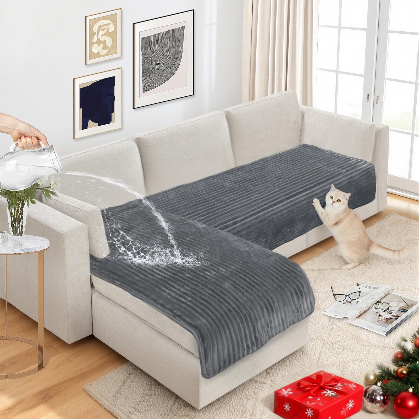 Photo 1 of *** CHECK COMMENTS**   NAISI Couch Covers for Dogs Waterproof Flannel Striped Sofa Cover Pet Friendly Washable Dog Mat for Couch Anti Slip Sectional Sofa Slipcover Protector(2pcs/35"x63"+35"x70",Dark Grey)