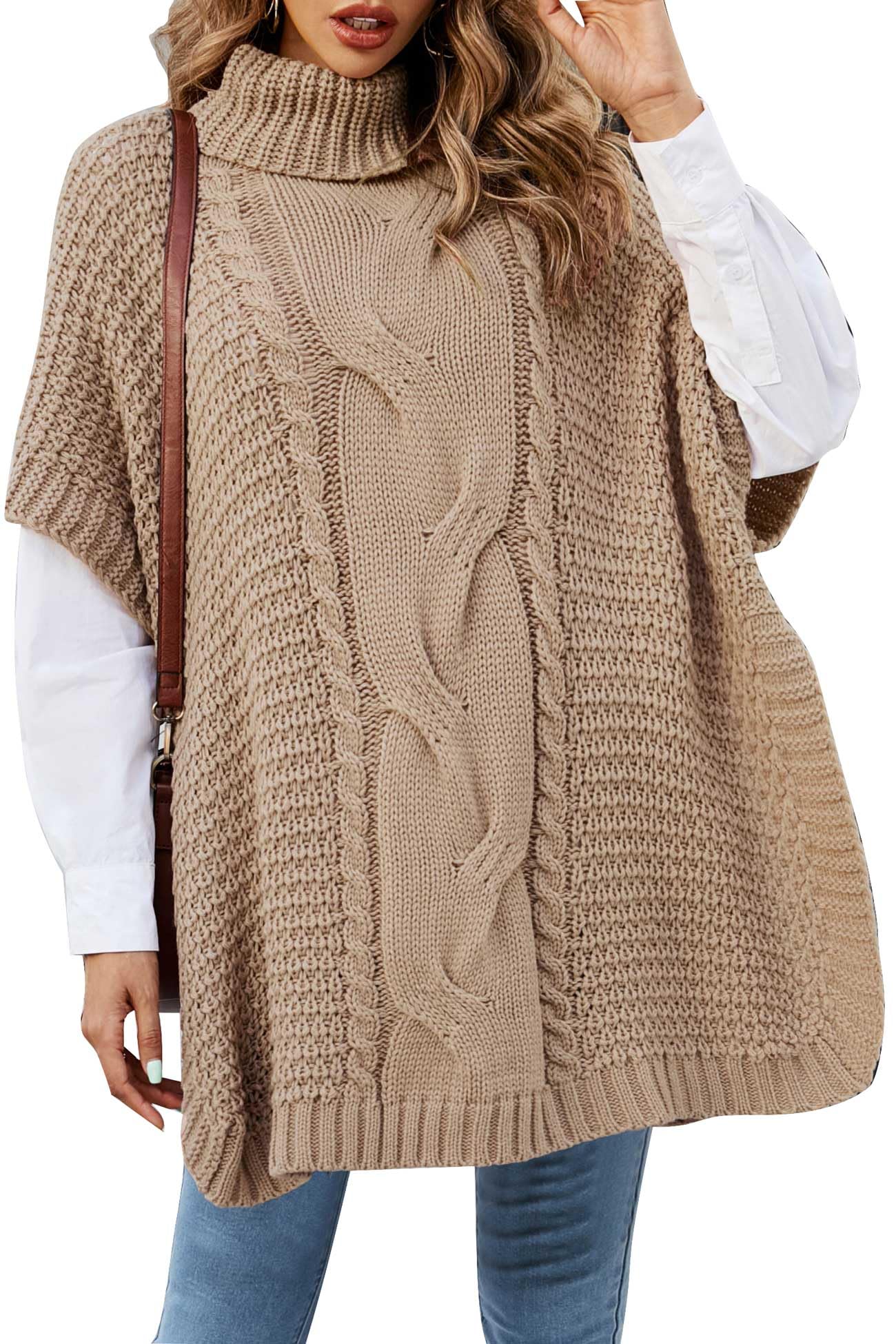 Womens Loose Turtle-Neck Twisting Cable Knit Long Sweater Vest Side Slit Half Sleeve Wrap Cape Tops