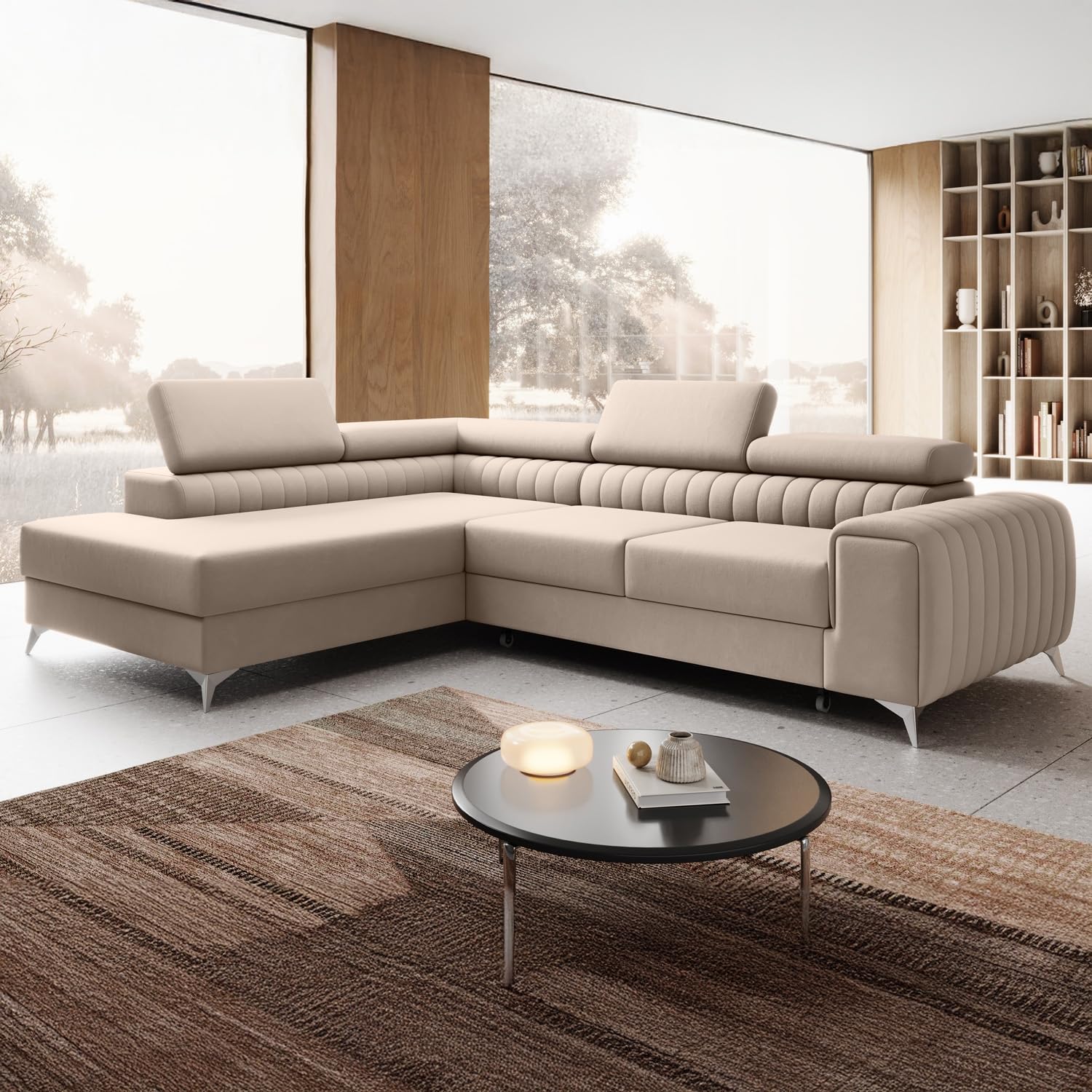 INTENSE DECO Canapé d'angle Gauche Convertible Isaac Velours Beige