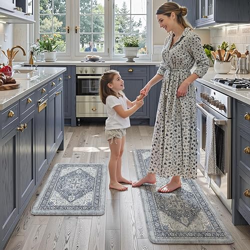 Vista 287 de KIMODE - Juego de 2 tapetes de cocina antifatiga, estilo vintage, antideslizantes, impermeables, ergonómicos, acolchados, cómodos para lavandería