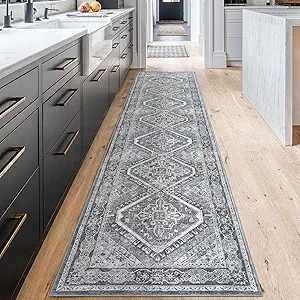 KUTA Oriental Washable Long Runner Rug 2.6x12, Non-Slip Hallway Kitchen Rugs Grey with Rubber Backing, Ultra Soft Printed Distressed Medallion Extra 12ft Carpet Runners for Bedroom