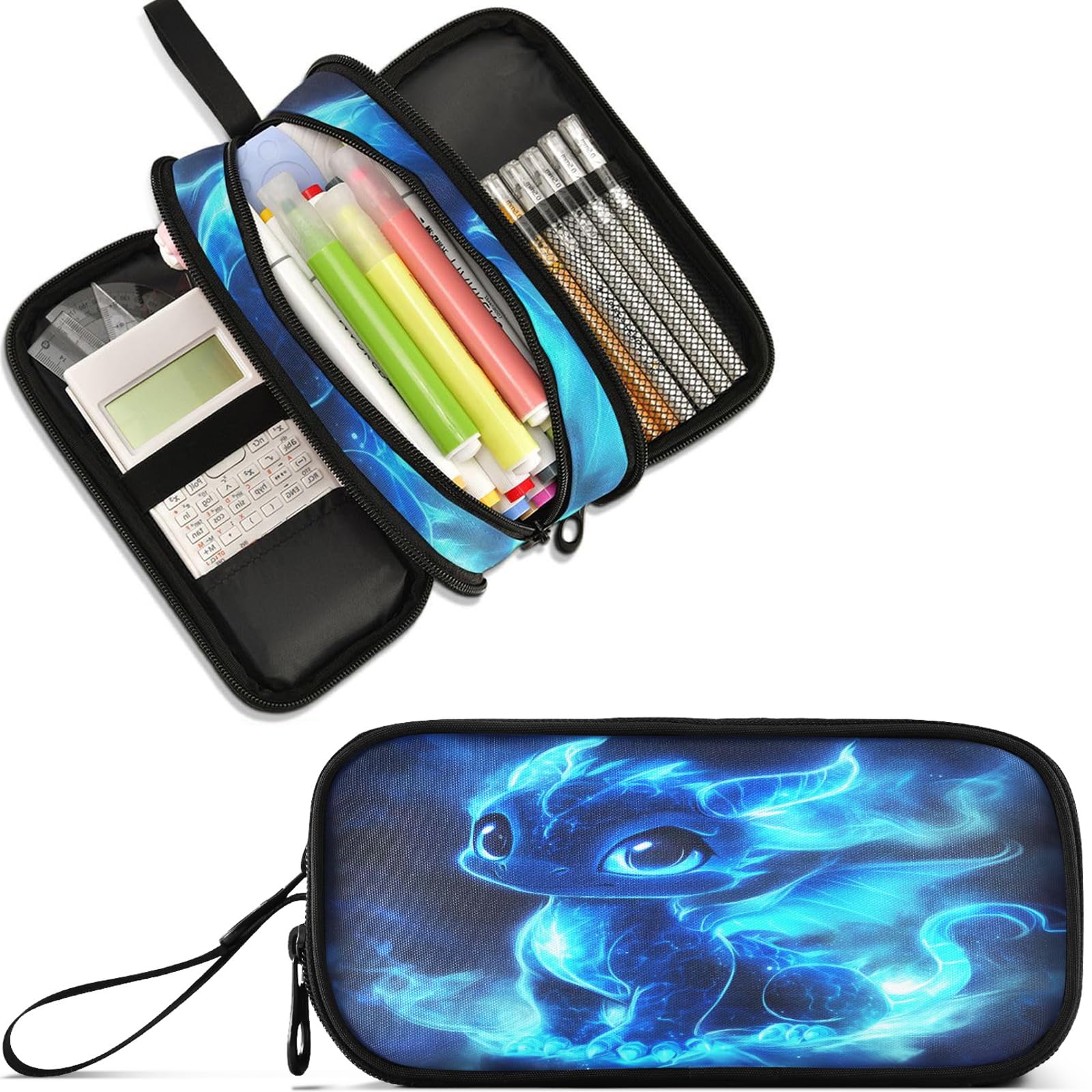 Cute Blue Glowing Dragon Pencil Case Large Capacity Pencil Pouch Boys Girls 3 Compartment Pen Bag School Office Stationery Organizer