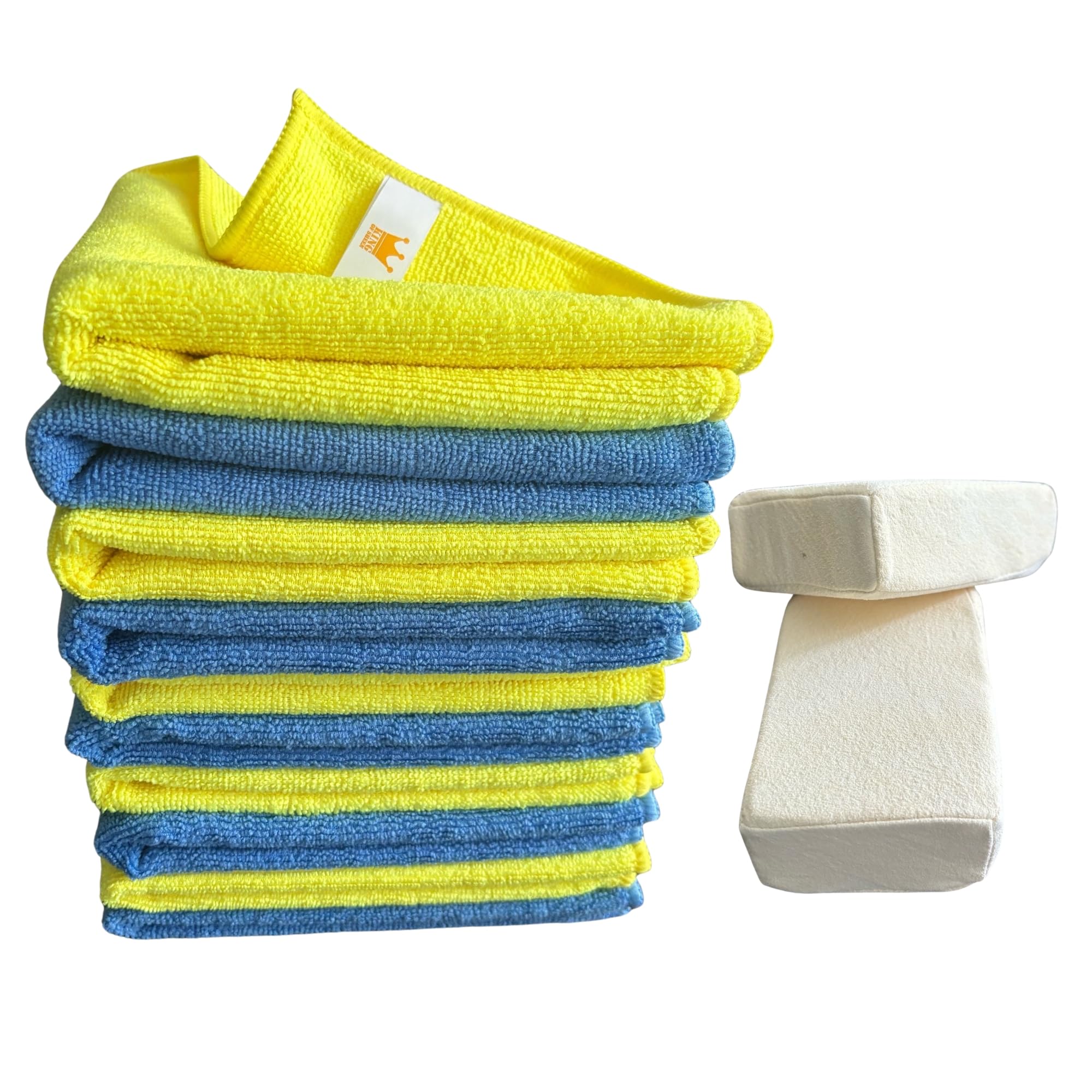 King Of Sheen Blue And Yellow 10 X Large Microfibre Cloths 40 X 40Cm & 2 X Chamois Sponge Cleaning Pack