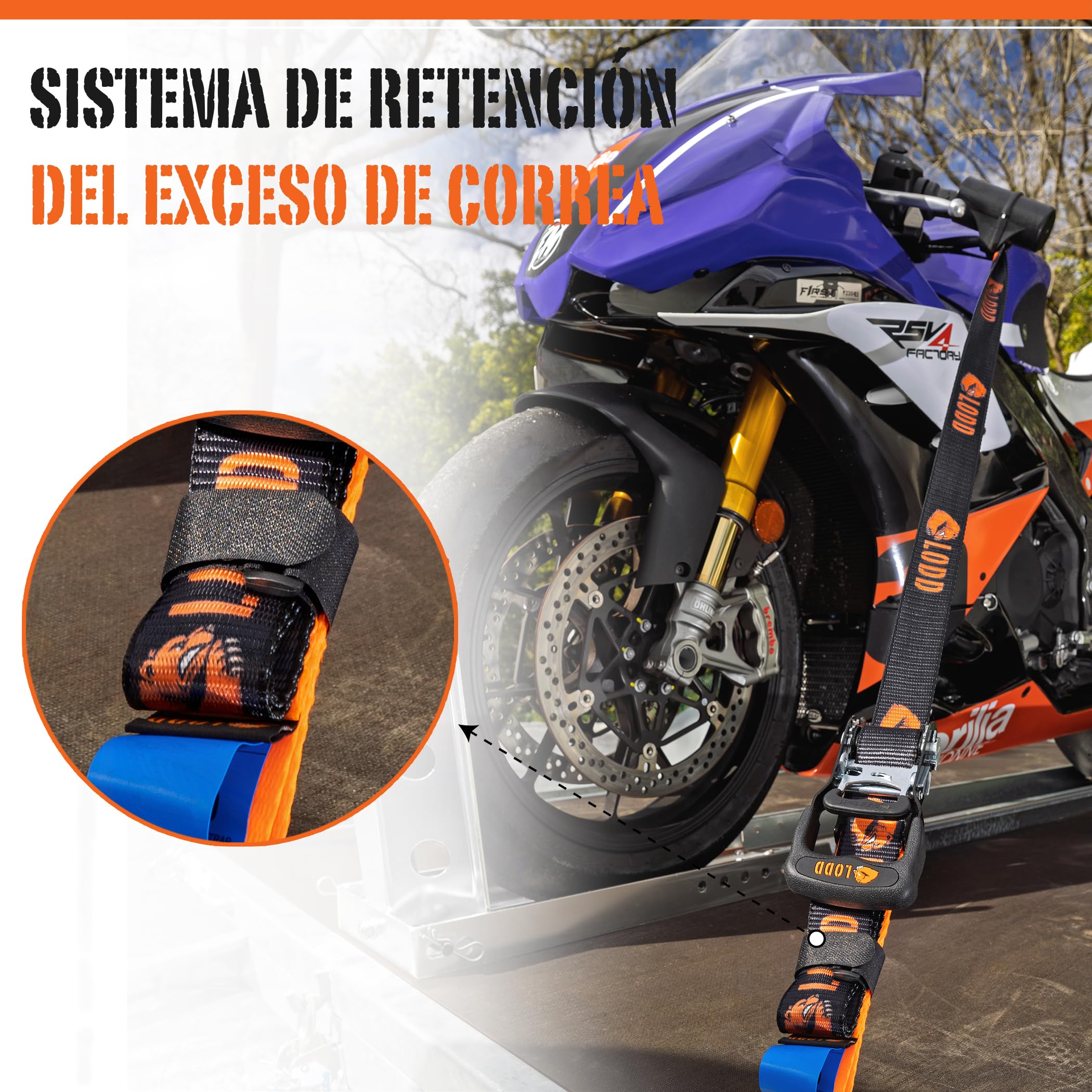 LODD – Correas Moto, Anclaje al Manillar con Manguitos Compuestos Reforzados, Carraca Ultrarresistente, 38 mm, 1.500 kg, Mosquetones de Acero, Remolque, Carretera y Deportivas – Maletín Incluido
