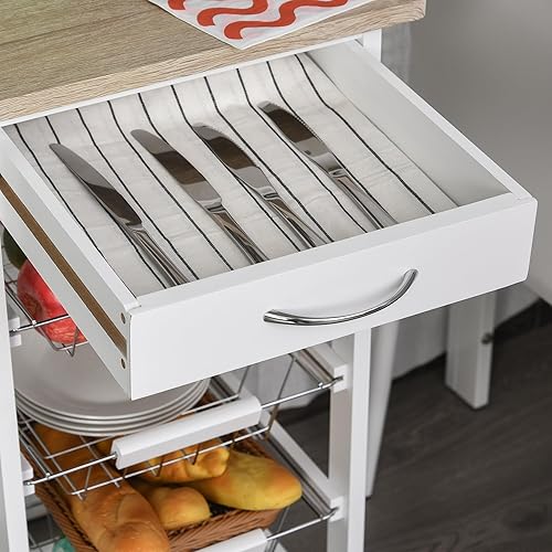 Miniatura 8 de HOMCOM Carrito de cocina móvil, isla de cocina rodante con almacenamiento, marco de madera maciza con cestas de frutas y cajón de alambre, color