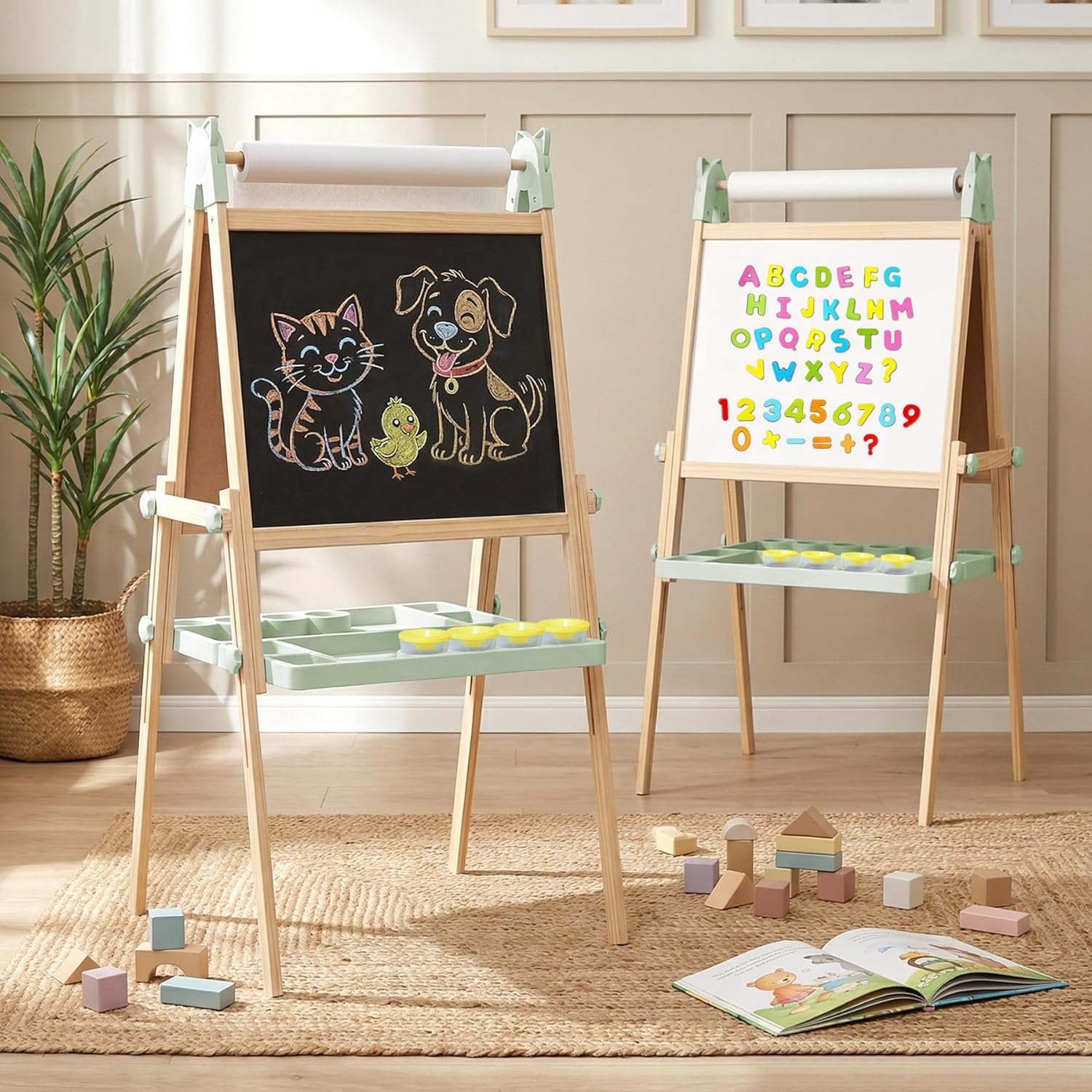 JOYOOSS Easel for Kids Ages 4-8 Easels for Toddlers Art Kids Easel Age 8-12 Wooden Drawing Easels Double-Sided Magnetic Whiteboard Chalkboard with Paper Roll for Kid Dry Erase Board Green