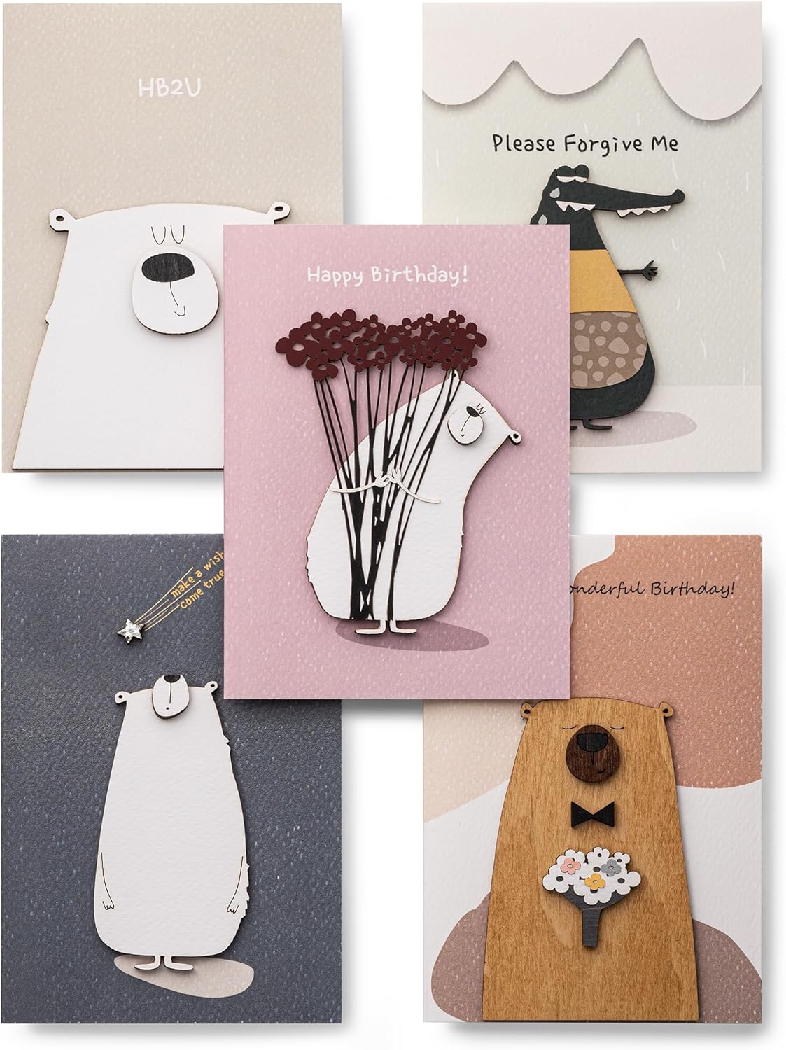 Handmade Greeting Card with Premium 3D Wooden Design – Set of 5 Gift Cards with Kraft Envelopes – Ideal for All Occasions: Father's Day, Mother's Day, Weddings, Birthdays, Love Notes & More