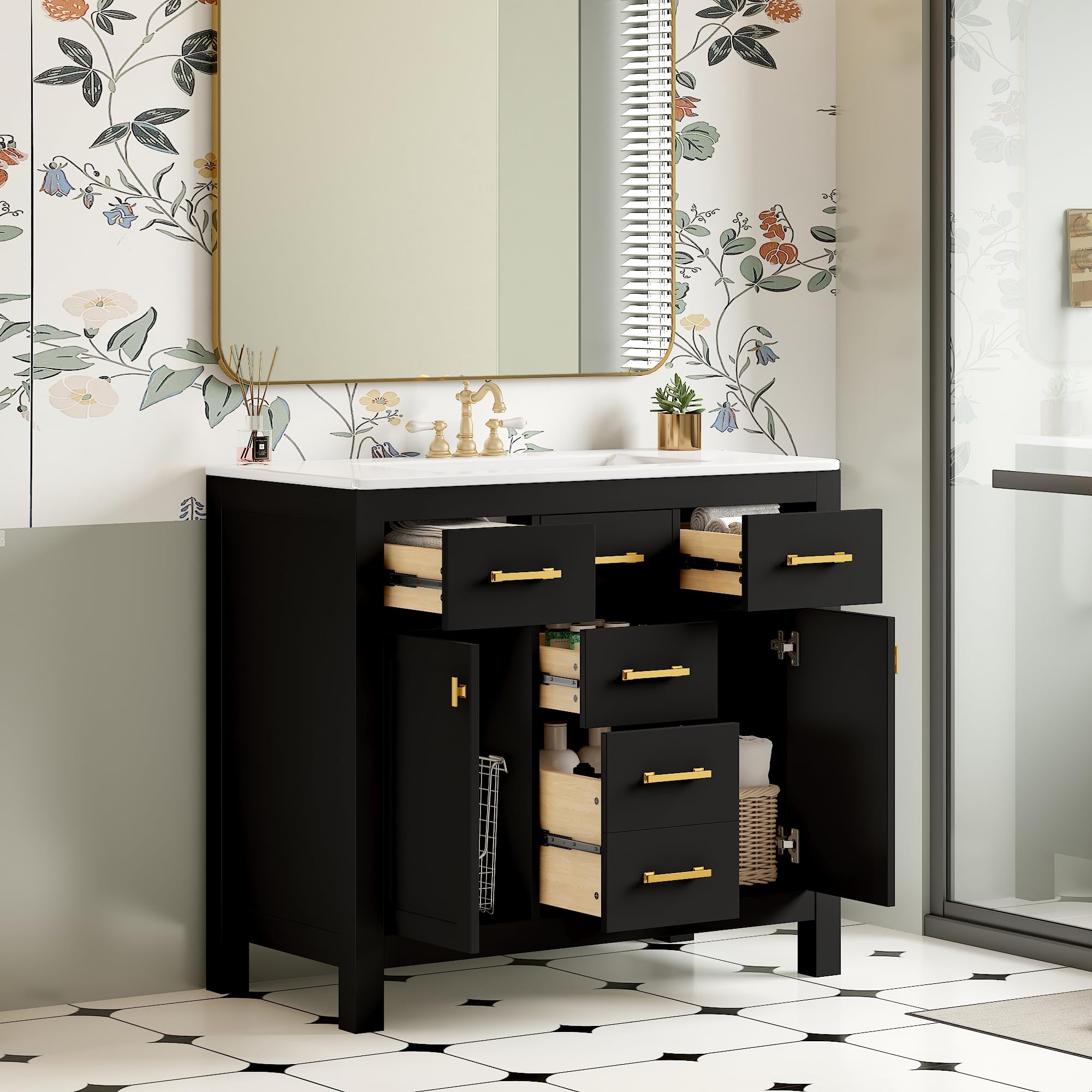 Merax 36'' Bathroom Vanity with Ceramic Sink Combo, Free Standing Single Vanity Set with 5 Drawers, Solid Wood Frame Bathroom Storage Cabinet,Black