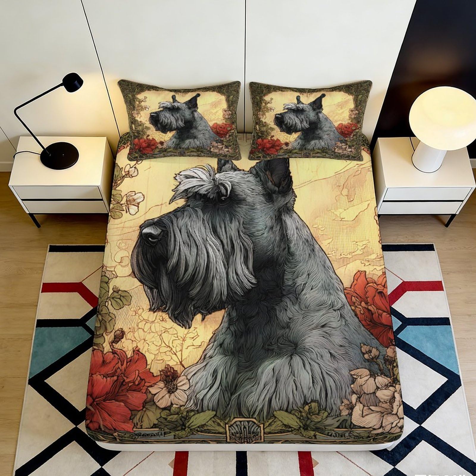 3D Printed Schnauzer Dog Fitted Sheet Microfiber Floral Art Bed Cover Non-Slip Machine Washable Bedroom Decor 120x200x25cm