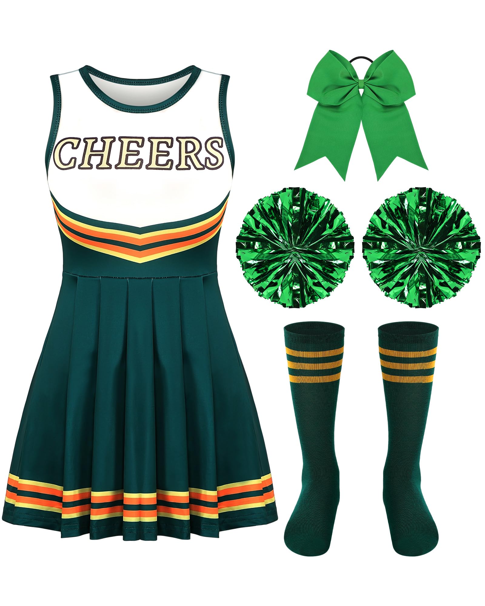 Haysandy Girls Cheerleader Costume Outfit Halloween | Cheerleader Dress with Hair Bow, Pom Poms, Striped Socks, Stretchy Fabric For Halloween Parties Birthday Roleplay