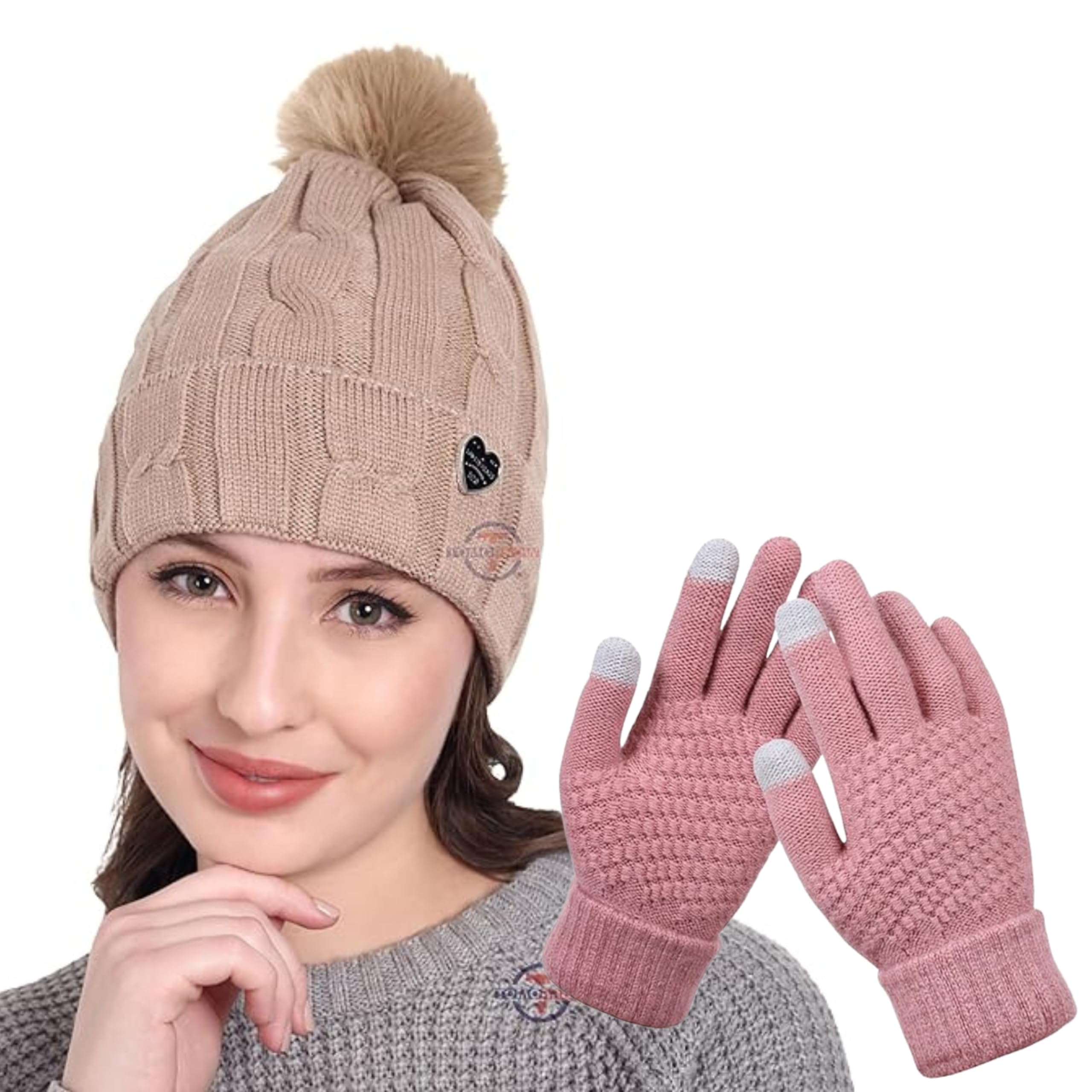Tomorrow Women's Winter Knit Beanie Hat | Touchscreen Gloves Set | Warm Fleece-Lined Pom Pom Cap with Thermal Gloves for Outdoor Sports, Skiing, and Casual Wear-image-33