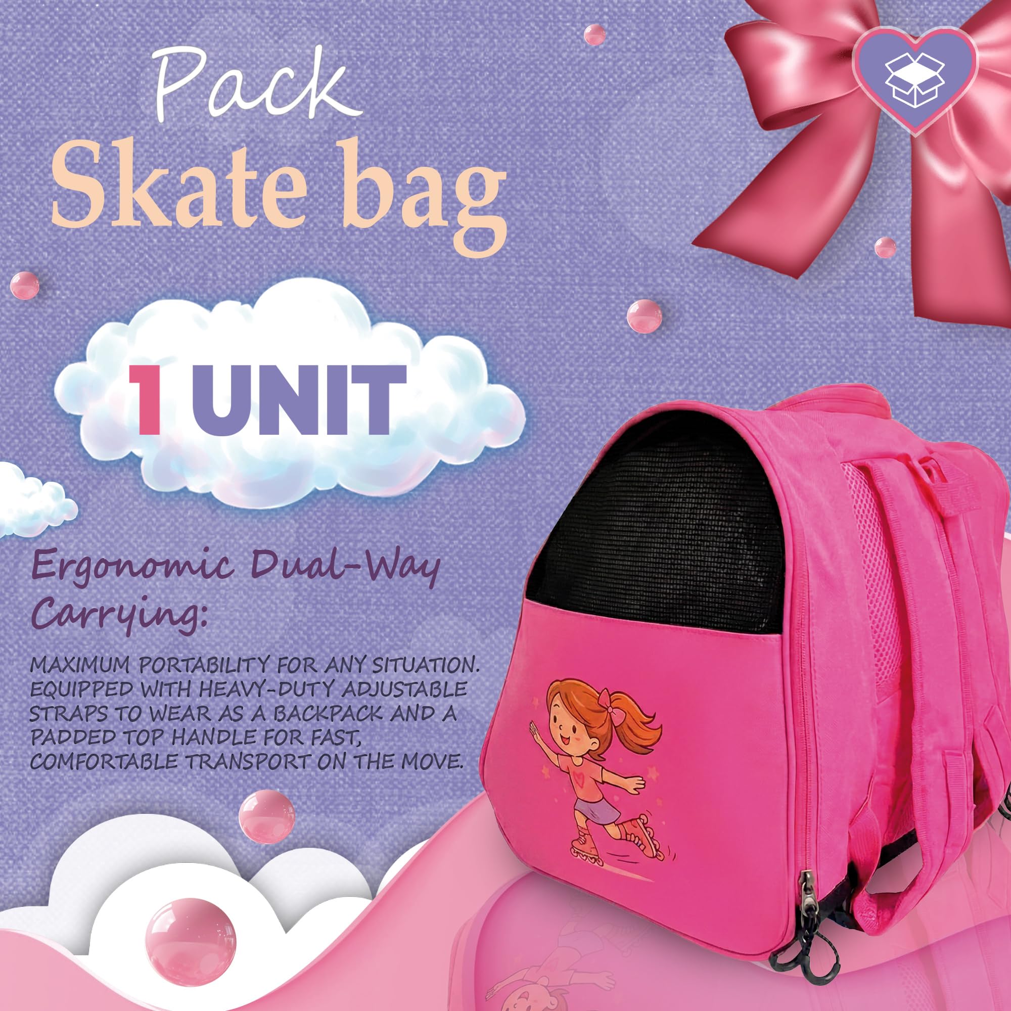 DOJA Barcelona Borsa Pattini in Linea Bambini - Rosa - Regolabile, Borsone Pattinaggio Artistico, Ruote e Protezioni in Tessuto Robusto, Borsa Pattini Rotelle, Copripattini Pattinaggio Rotelle