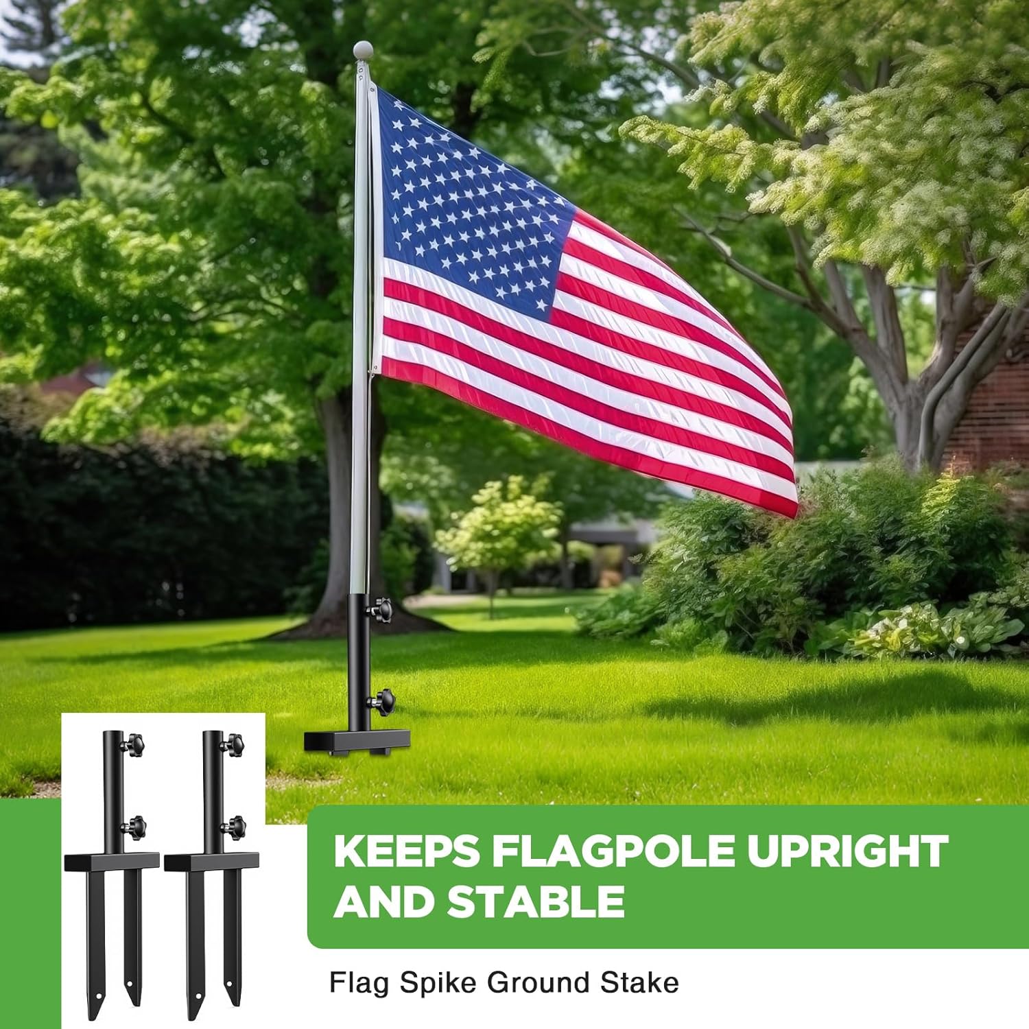 Pelopy 2 Pack Flag Spike Ground Stake 13.78 Inch Heavy Duty Ground Spike Flag Pole Holder Metal Stakes with Adjustable Knob Feather Flags Base Fits Poles with 1" Inner Diameter for Outdoor Lawn Garden