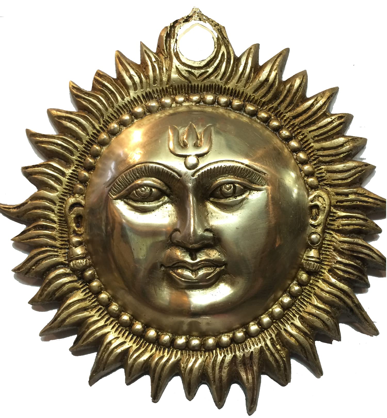 VINJOS VASTU CRAFTS Sun face Vastu Brass Sun Idol Wall Hanging Statue Puja Figurine Surya for Positivity for Home Entrance Door and Office Décor in Golden Antique Colored (Height 8.5 inch)