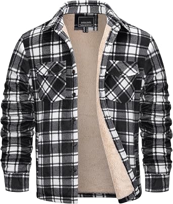 Cotrasen Mens Flannel Shirt Fleece Lined Flannel Jacket Cotton Button Up Plaid Shirt Warm Heavyweight Fall Winter Coat