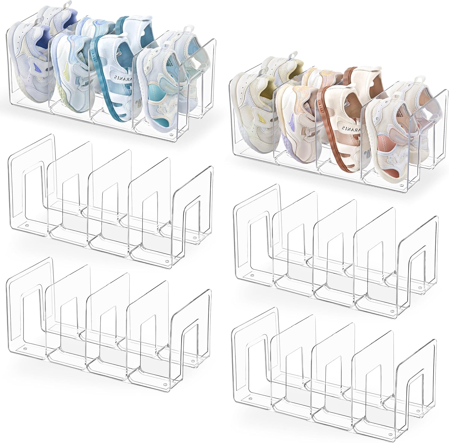 HBlife Clear Acrylic Kids Shoe Rack for Closet, 6 Pack, 4 Sections, Stackable, Crystal Clear, 4 Pairs Capacity