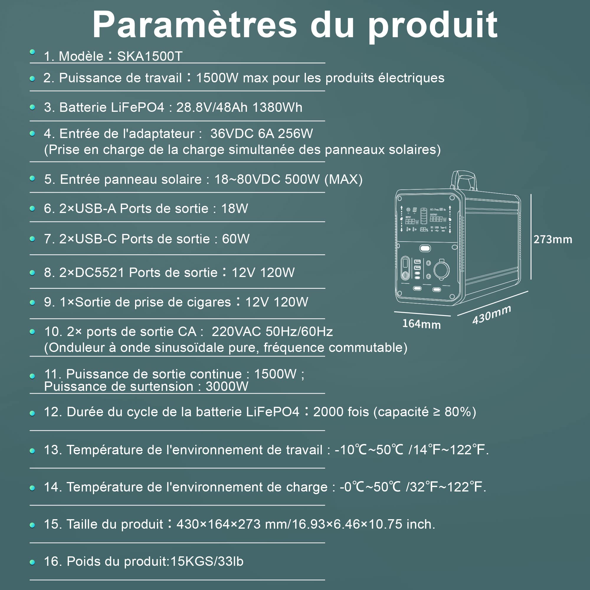 Przenośna stacja zasilania,Przenośny Power Bank z 1000/1500W Max Load PowerLiFePO4,48Ah 1075/1380Wh,2xUSB-A(18W),2xUSB-C(60W),2xDC5521(12V 120W) 2xAC220V 50Hz/60Hz,1500W