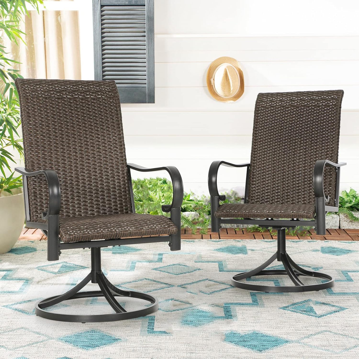 PHI VILLA Outdoor Swivel Rattan Chairs Set of 2, Metal Frame Wicker Dining Armchair