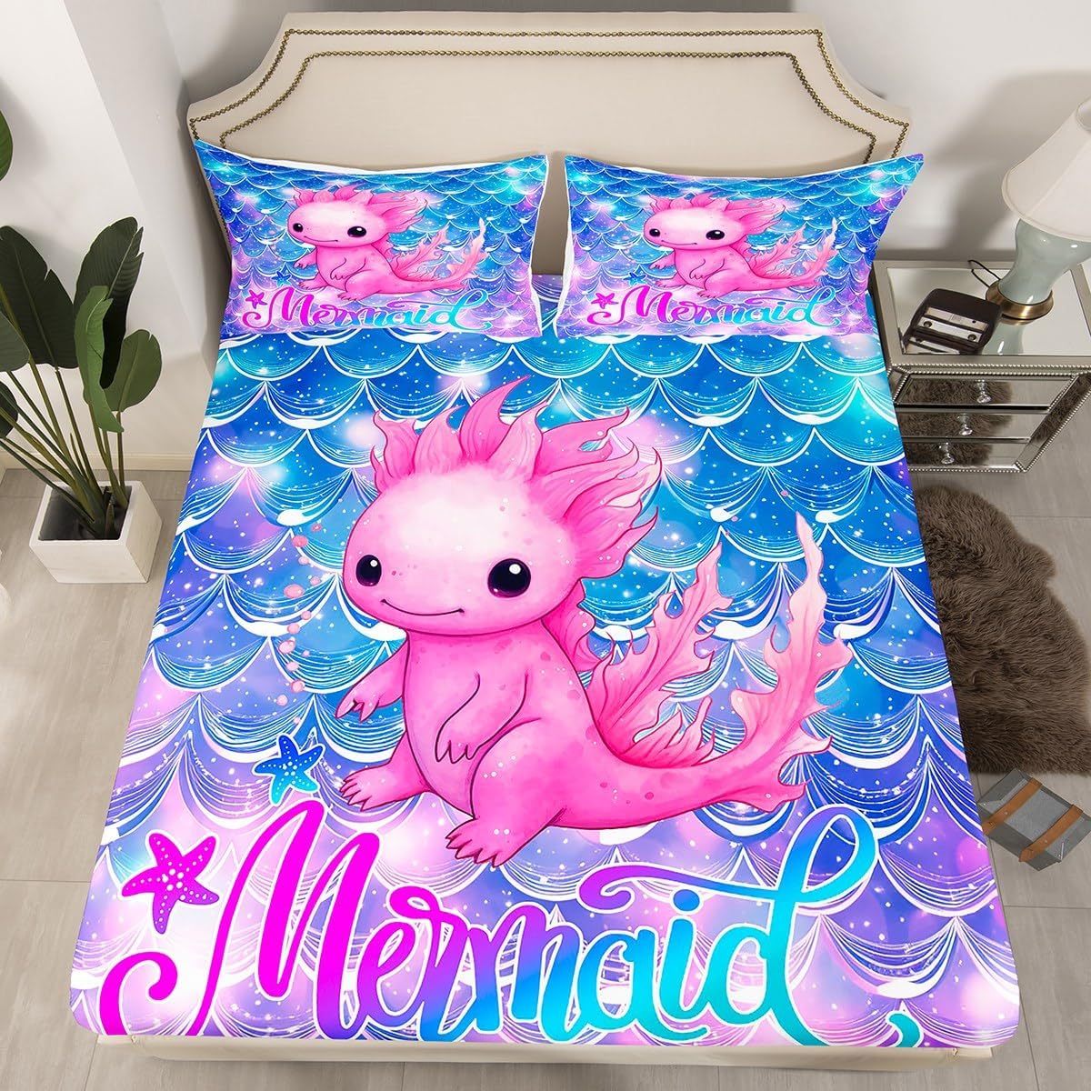 Kawaii Axolotl Bedding Twin Kids Fish Scales Sequins Fitted Sheet Girls Blue Purple Rainbow Glitter Gradient Fitted Bed Sheet Cute Animal Mermaid Tail Decor Lovely Axolotl Print Bedroom Decor