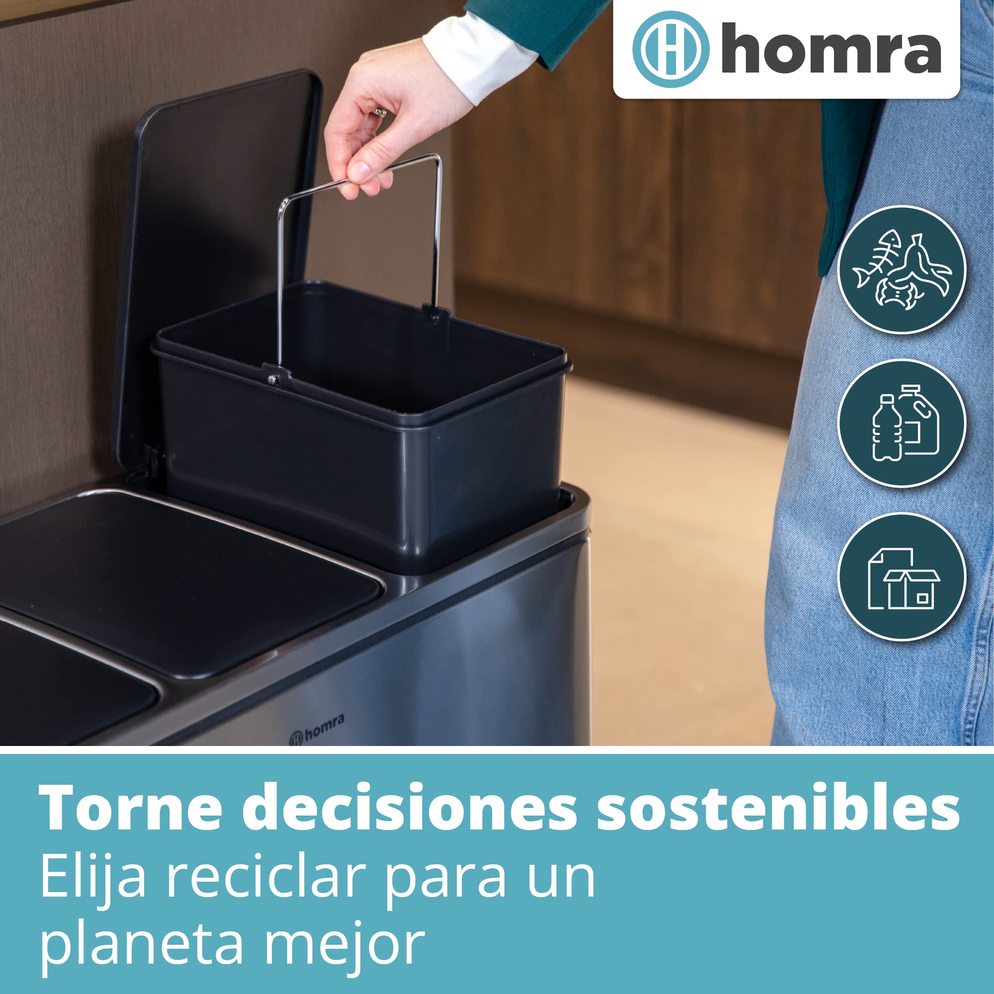 Homra Sparq - Papelera de reciclaje con 3 compartimentos, 54 L (3 x 18 litros) - Cubo triple grande - Cubo de basura con diseño de acero inoxidable