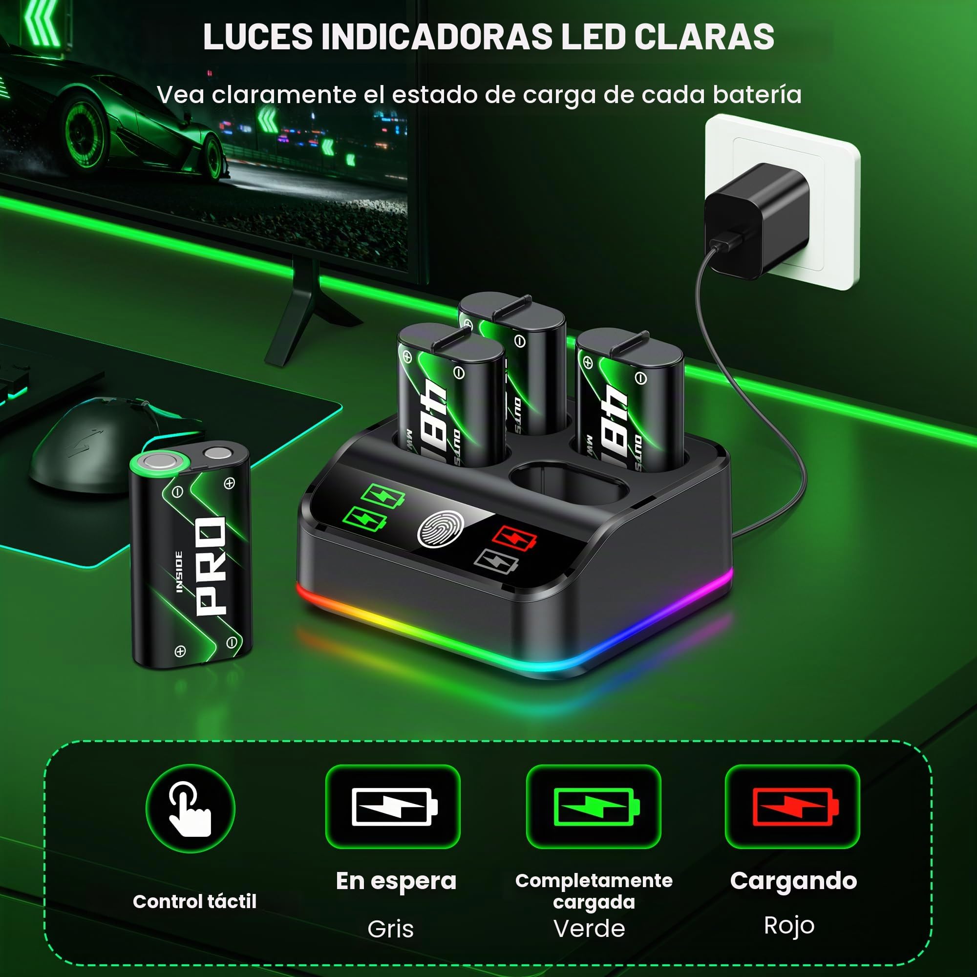 HELLCOOL 4 pilas de 4800 mWh para controlador Xbox One/Series X&S, estación de carga para controlador Xbox con luz RGB y indicadores de carga LED, batería compatible con Xbox Series X/S, Xbox One S/X