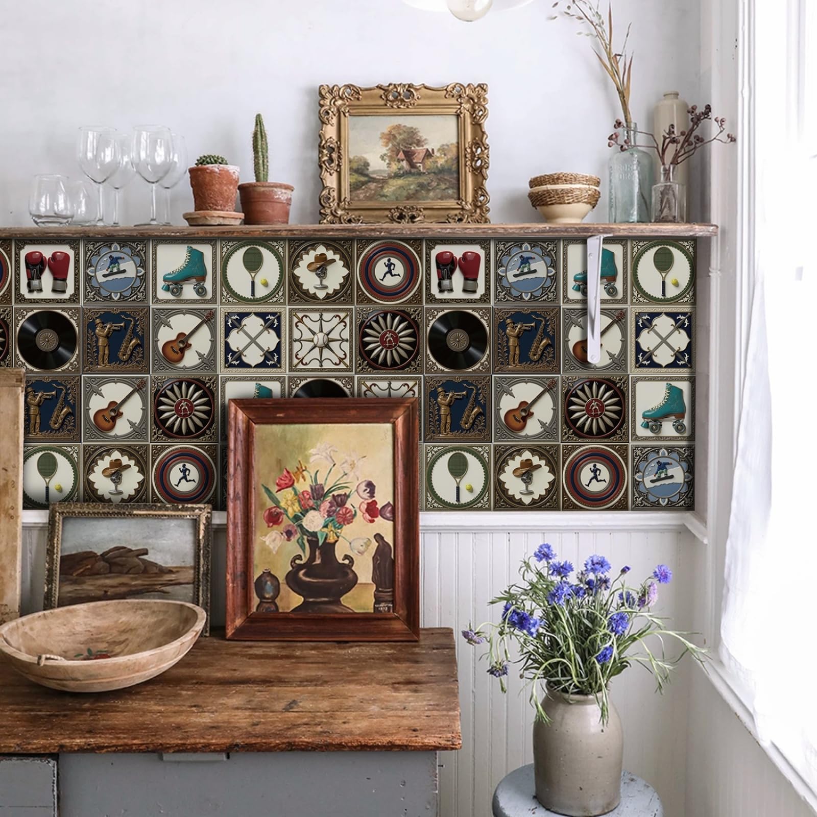 Azulejos Adhesivos Baño 15x15 cm Guitarra Marrón Vinilo Pared Cocina Pelar Y Pegar Impermeable para Muebles Chimenea Gabinete Baldosas Adhesivas Pared Decorativos 24 Piezas